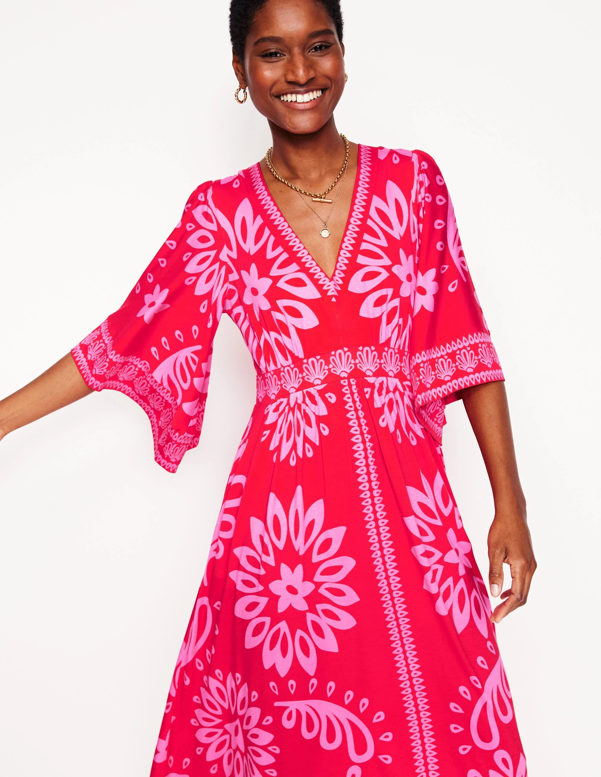 Maya Kimono Jersey Maxi Dress-Strawberry Red, Palm Foliage Cozy Comfort