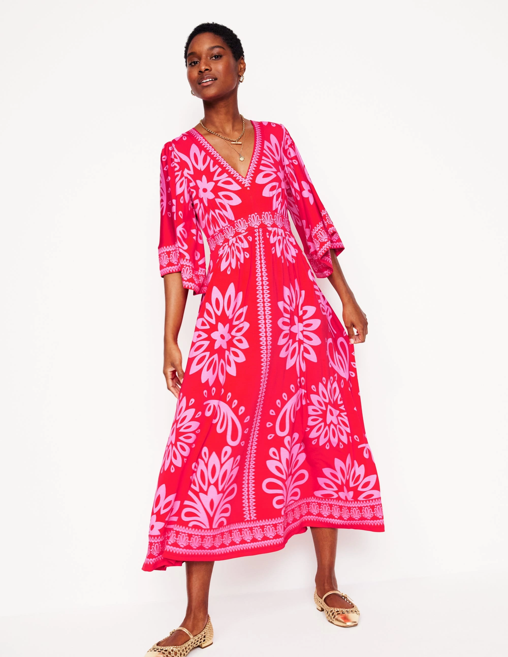 Maya Kimono Jersey Maxi Dress-Strawberry Red, Palm Foliage Flare Swing