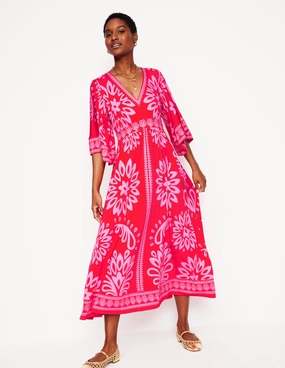 Maya Kimono Jersey Maxi Dress-Strawberry Red, Palm Foliage Flare Swing