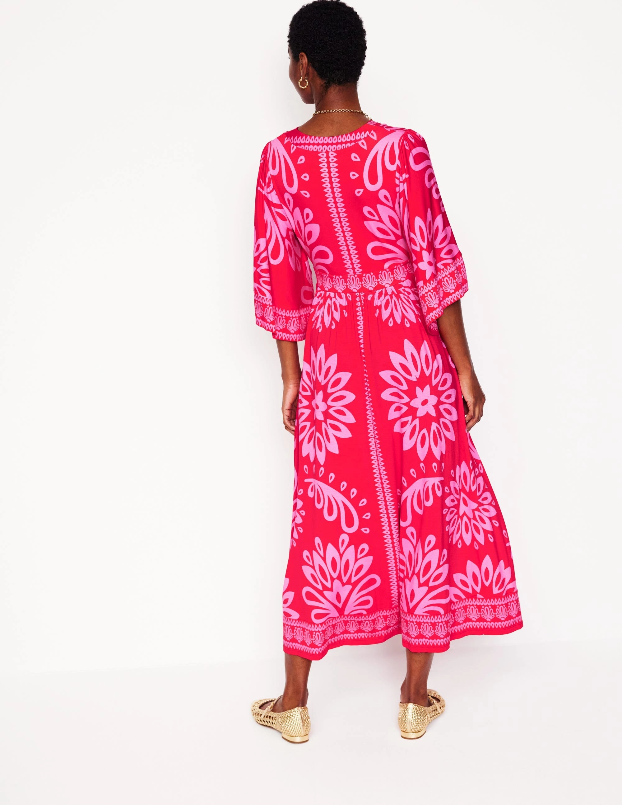 Maya Kimono Jersey Maxi Dress-Strawberry Red, Palm Foliage Luxe style