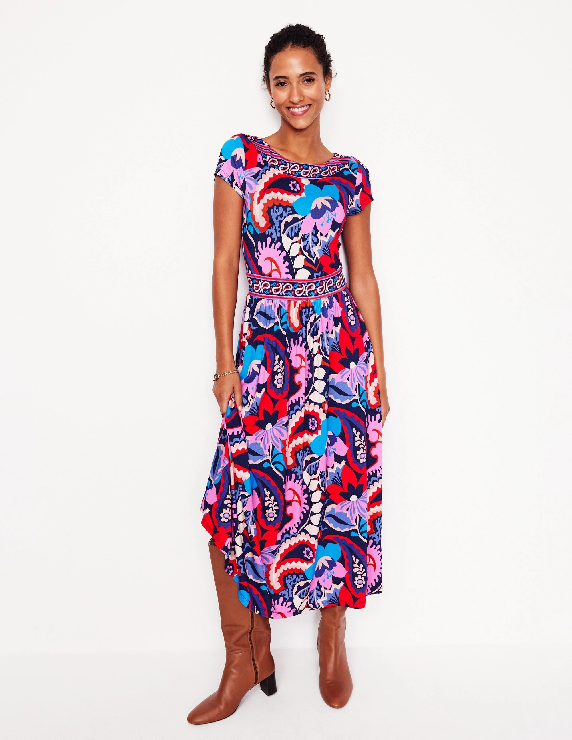 Mid Fit Melanie Jersey Midi Dress-French Navy, Botanical Paisley