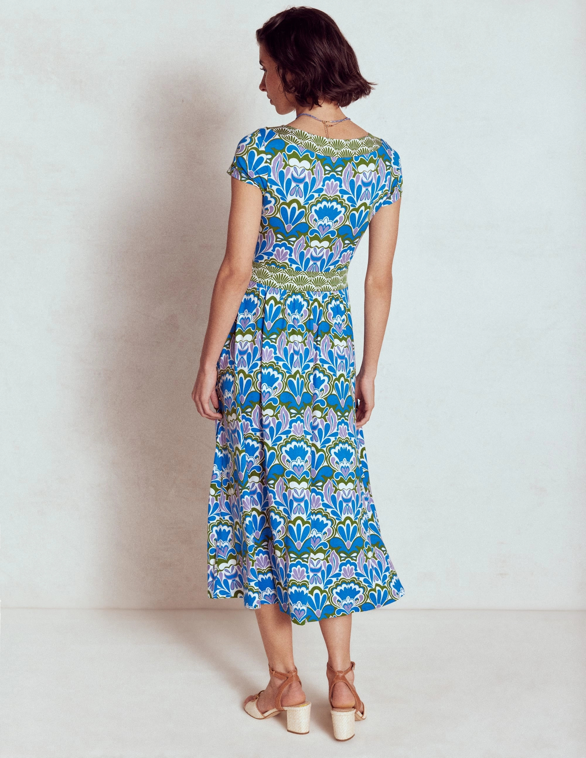 Melanie Jersey Midi Dress-Kingfisher Blue, Freesia Stamp Timeless Comfort Wear Smooth silhouette