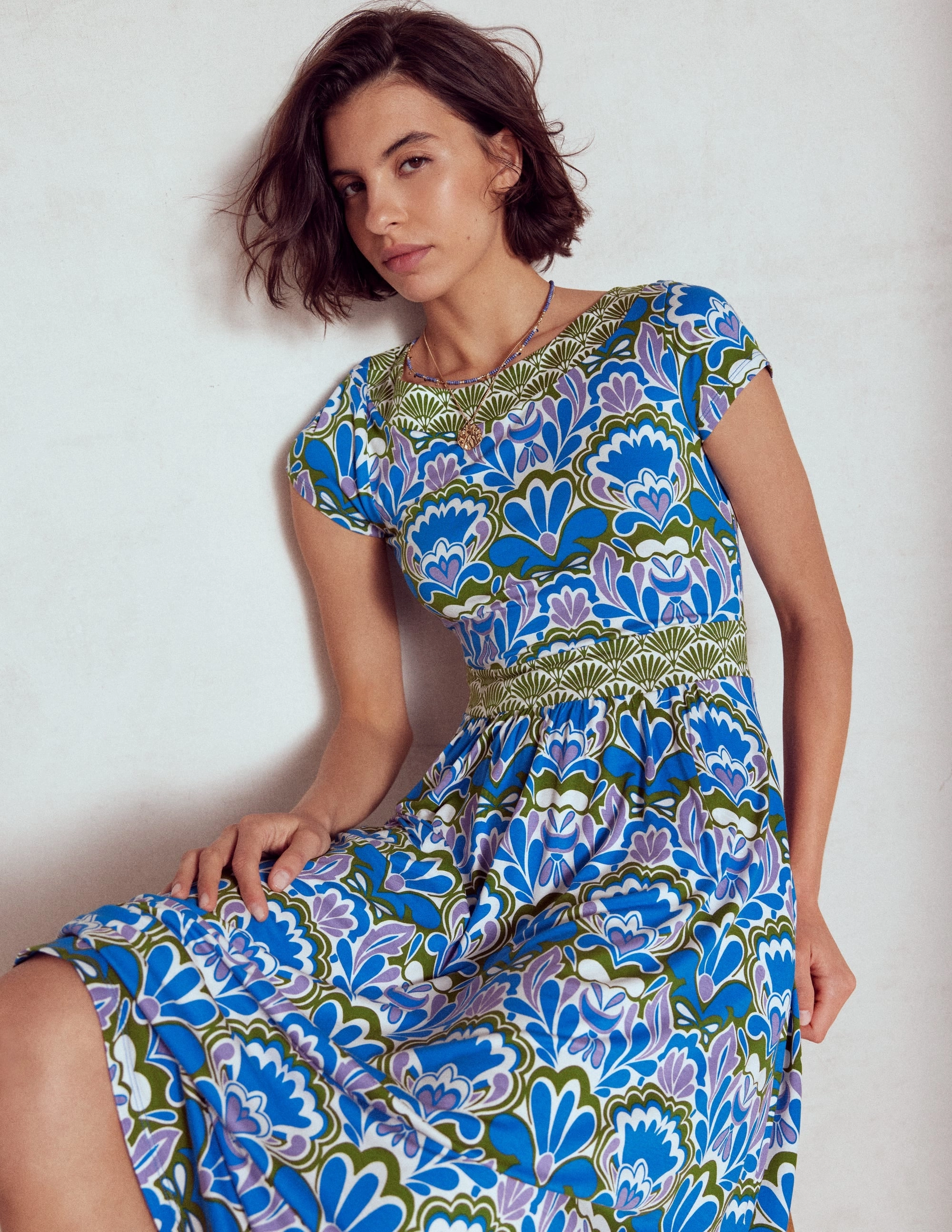 Melanie Jersey Midi Dress-Kingfisher Blue, Freesia Stamp One-Shoulder