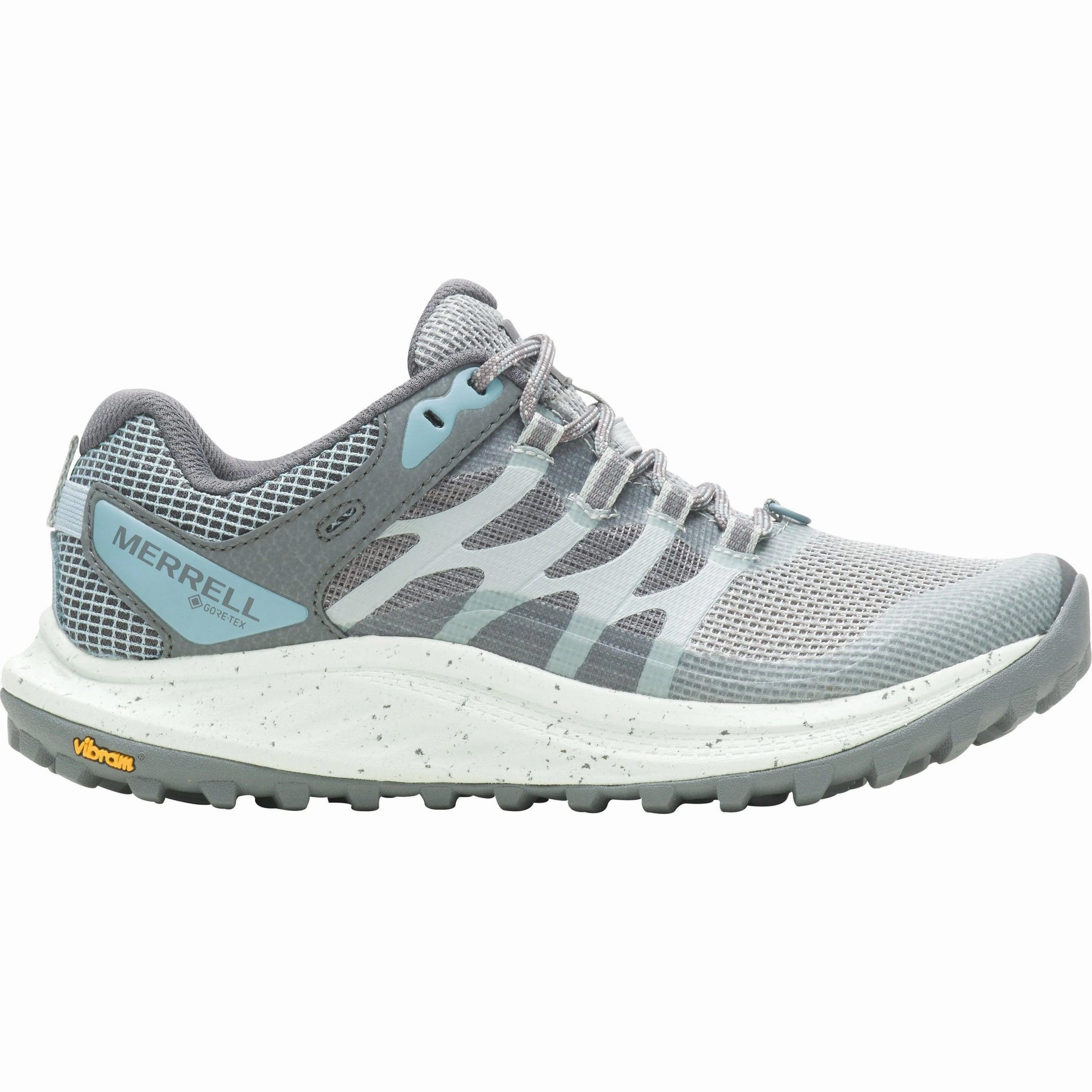 Merrell Antora 3 GORE-TEX Womens Trail Running Shoes - Blue running in a racecourse traction - enhanced shoe features