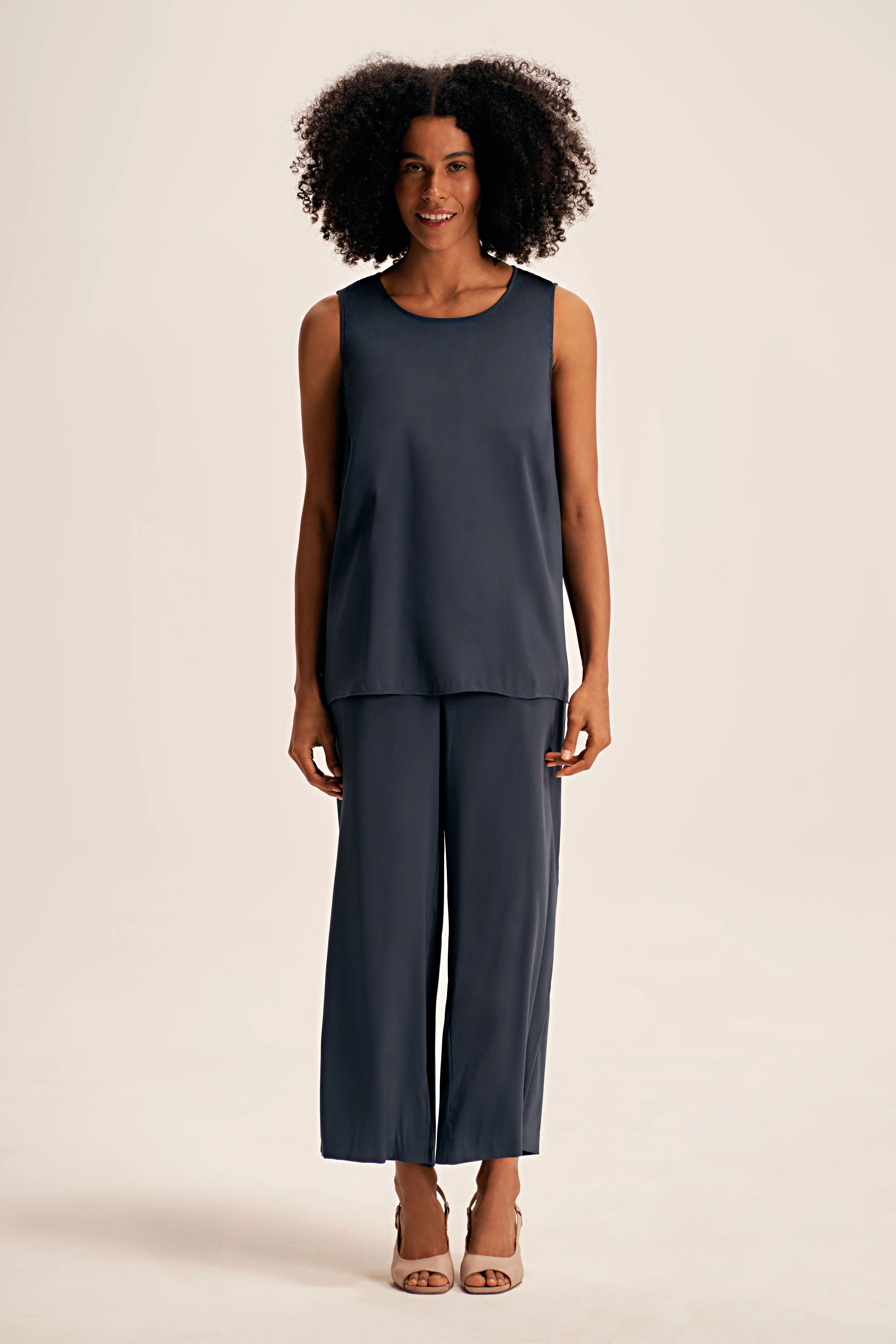 Tagless Comfort Collar DoubleStitched Hemming Olivia Newton-John Silk Tunic - Twilight