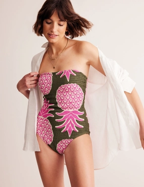 Milos Smocked Bandeau Swimsuit-Winter Moss, Pineapple Pop Modern-Edge Seaside Vibes
