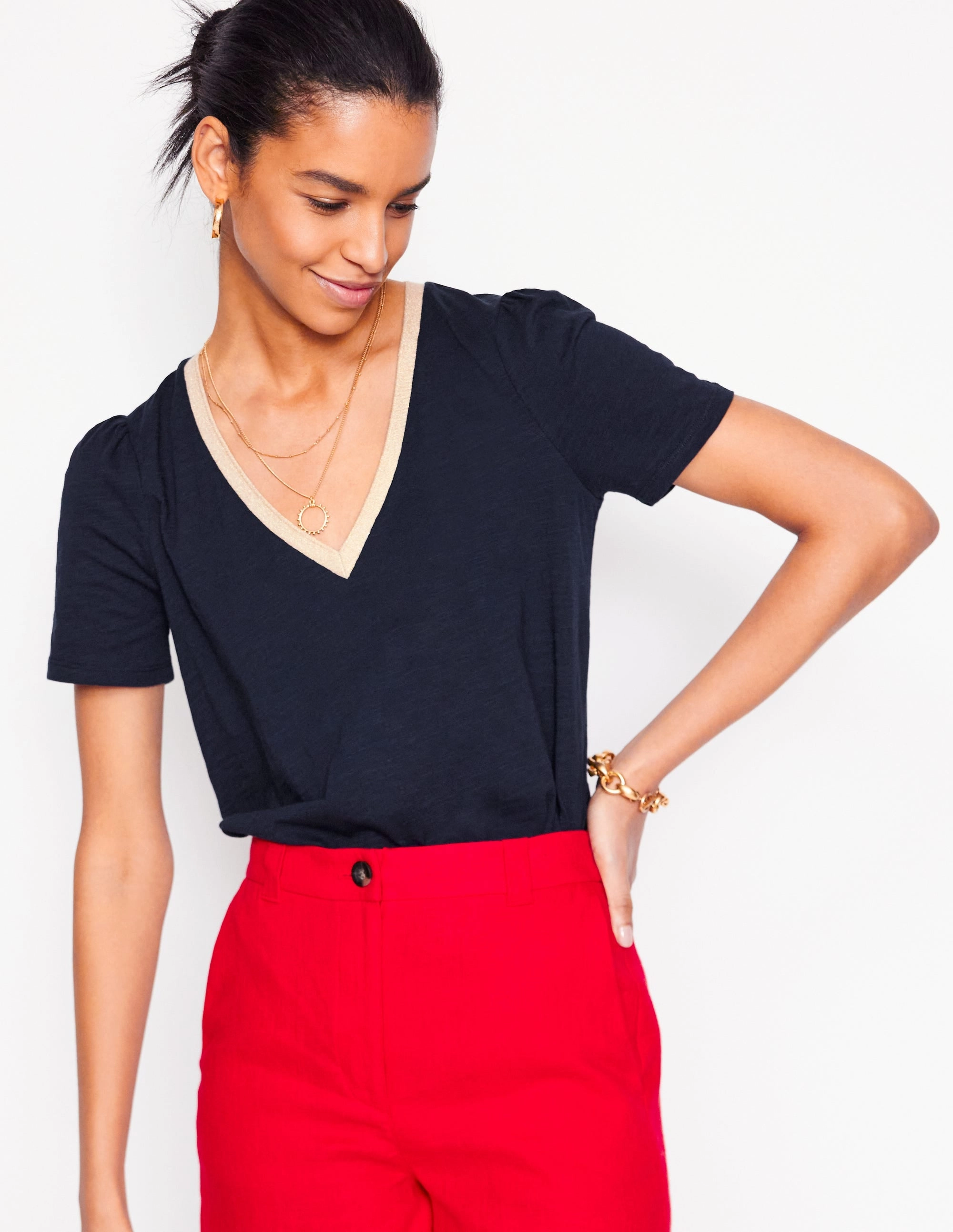 Metallic Trim V Neck T-shirt-Navy Outdoor Leisure Simple Look