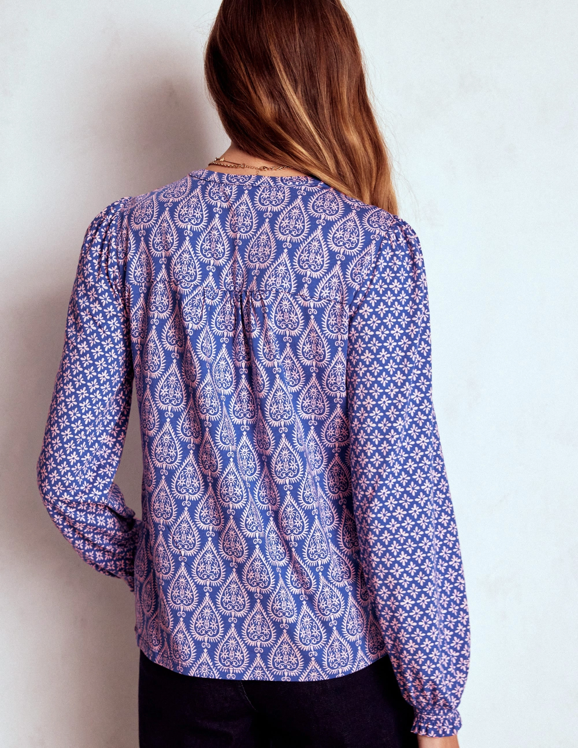 Stretch Fit Elsa Smocked Yoke Jersey Shirt-Bright Blue, Ornate Geo