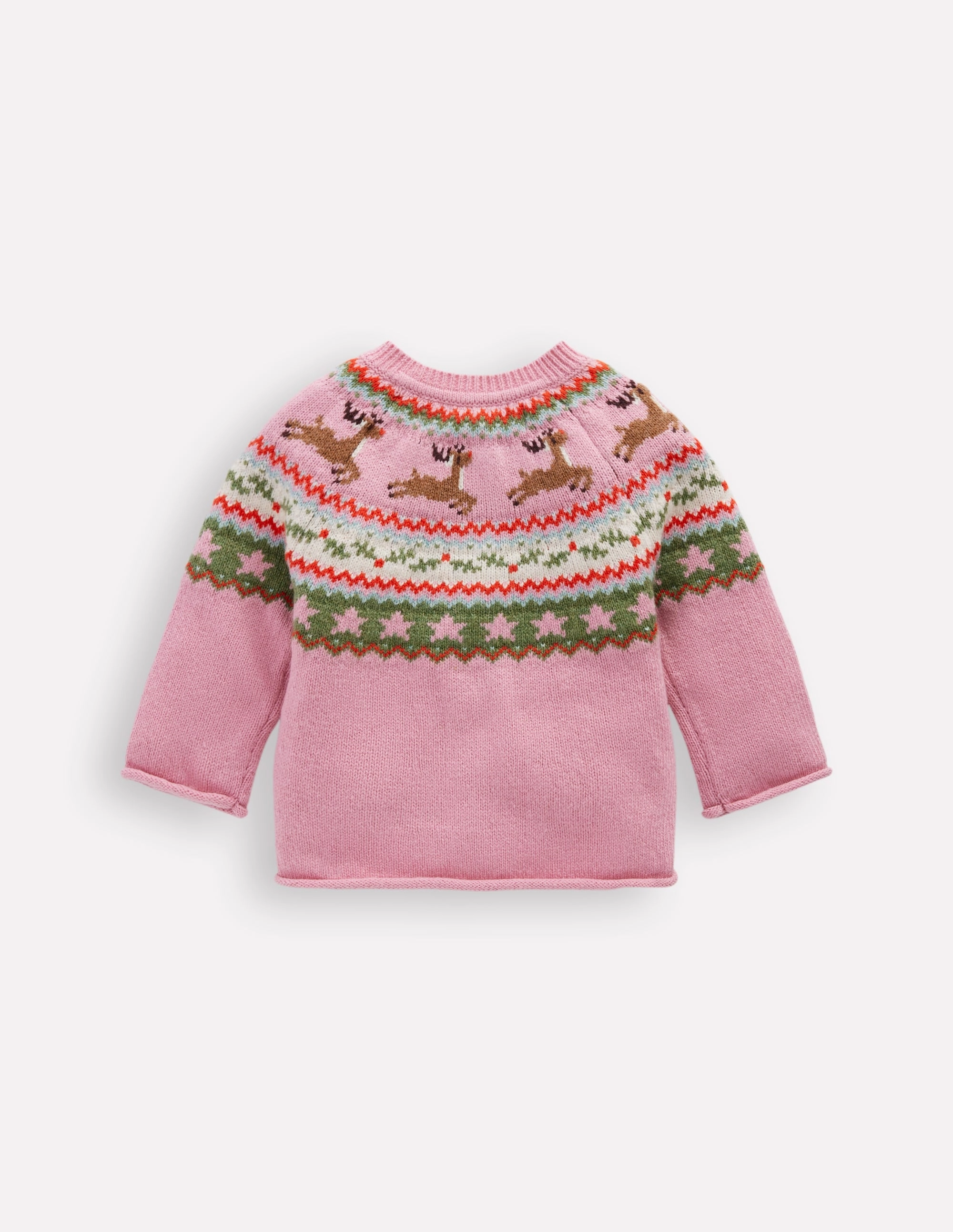 Edie Fair Isle Cardigan-Pink Festive Reindeer HighElasticity Yarn Non Irritating Seams