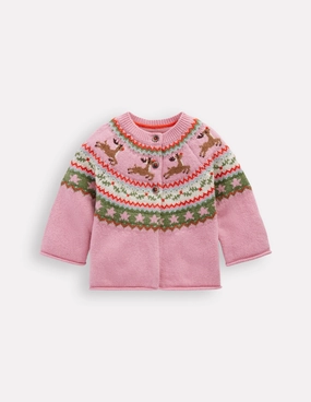 Edie Fair Isle Cardigan-Pink Festive Reindeer Organic Cotton Blend Simple Silhouette