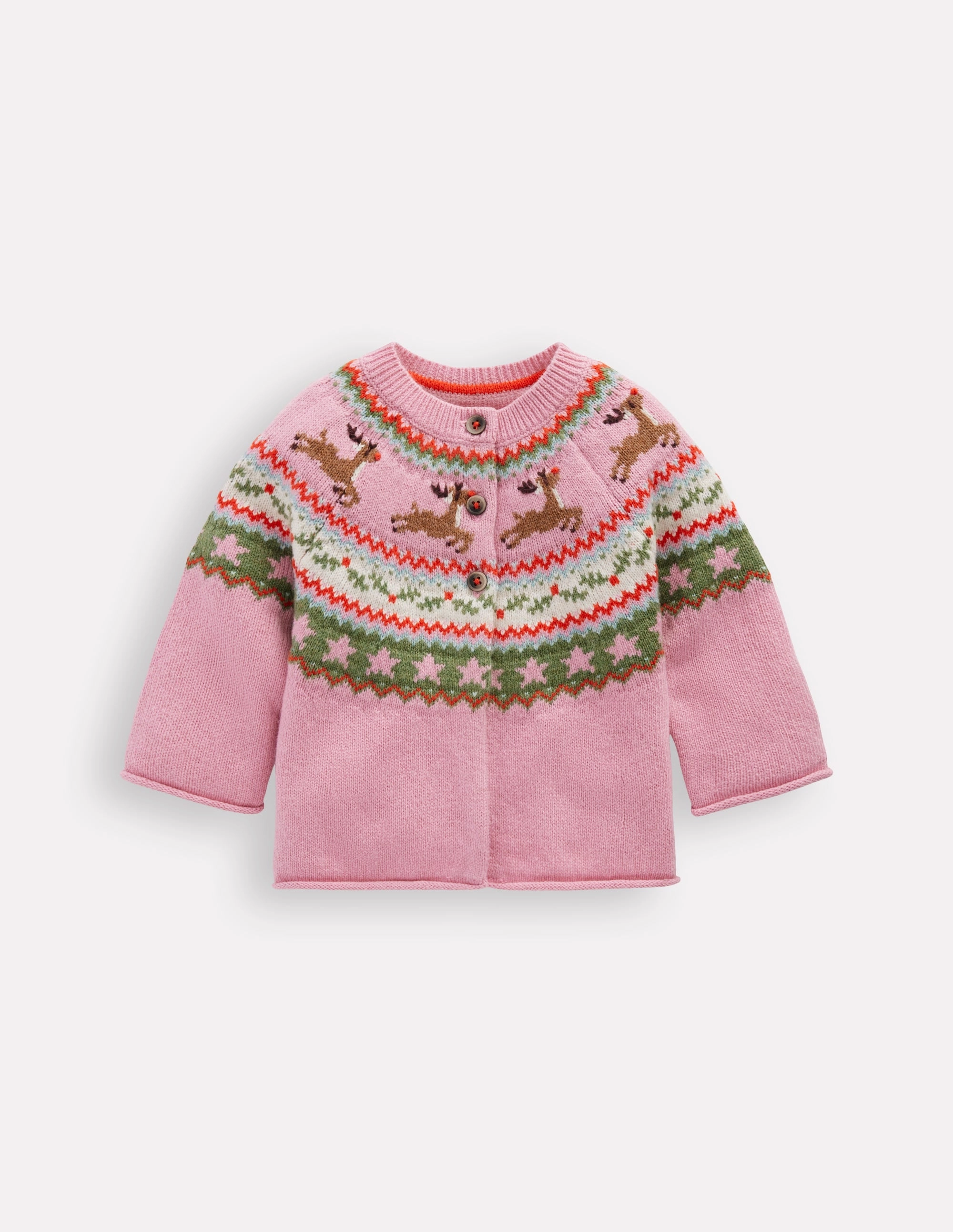 Edie Fair Isle Cardigan-Pink Festive Reindeer Organic Cotton Blend Simple Silhouette