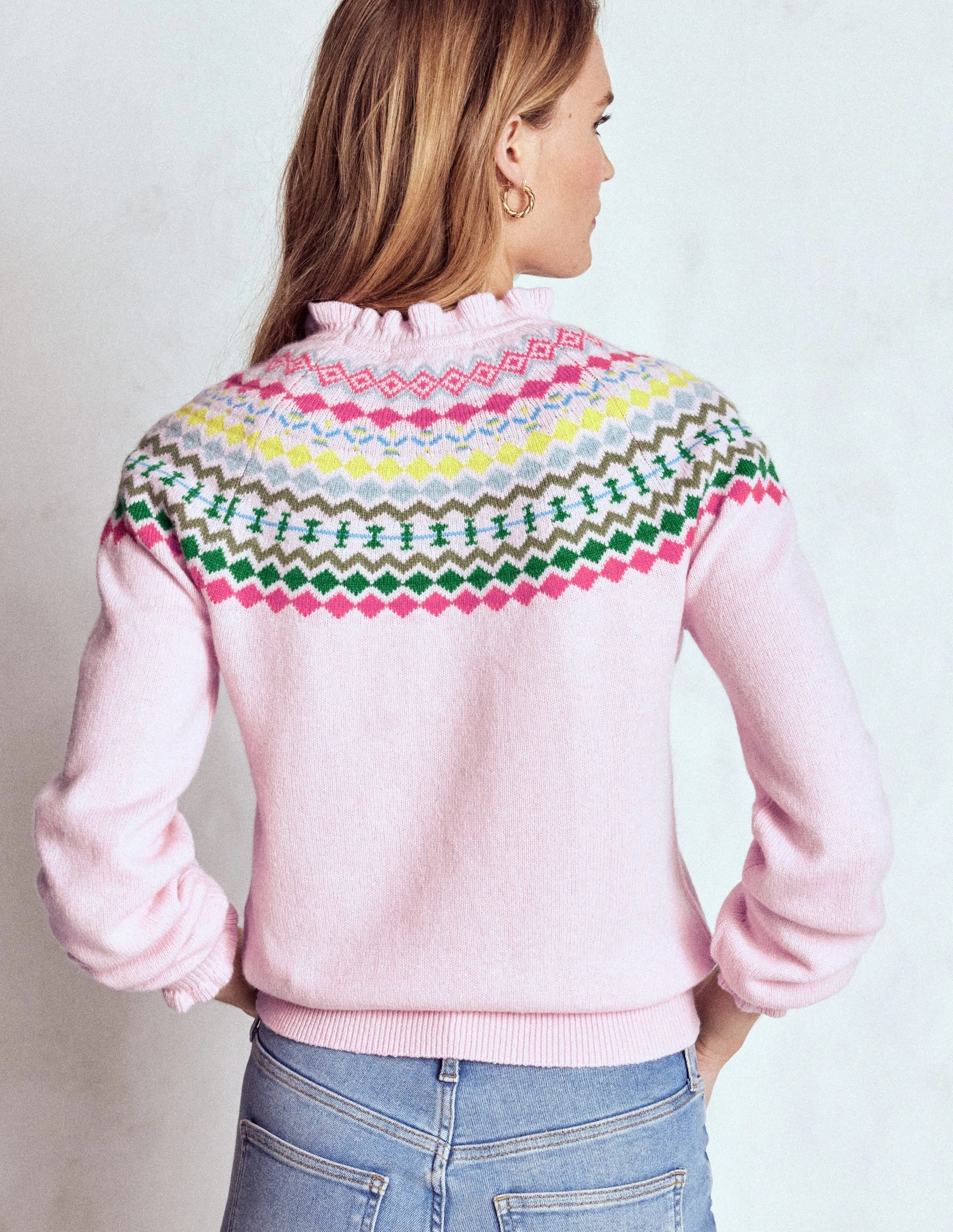 Cable Stitch Fae Fair Isle Frilled Jumper-Sheer Pink Melange