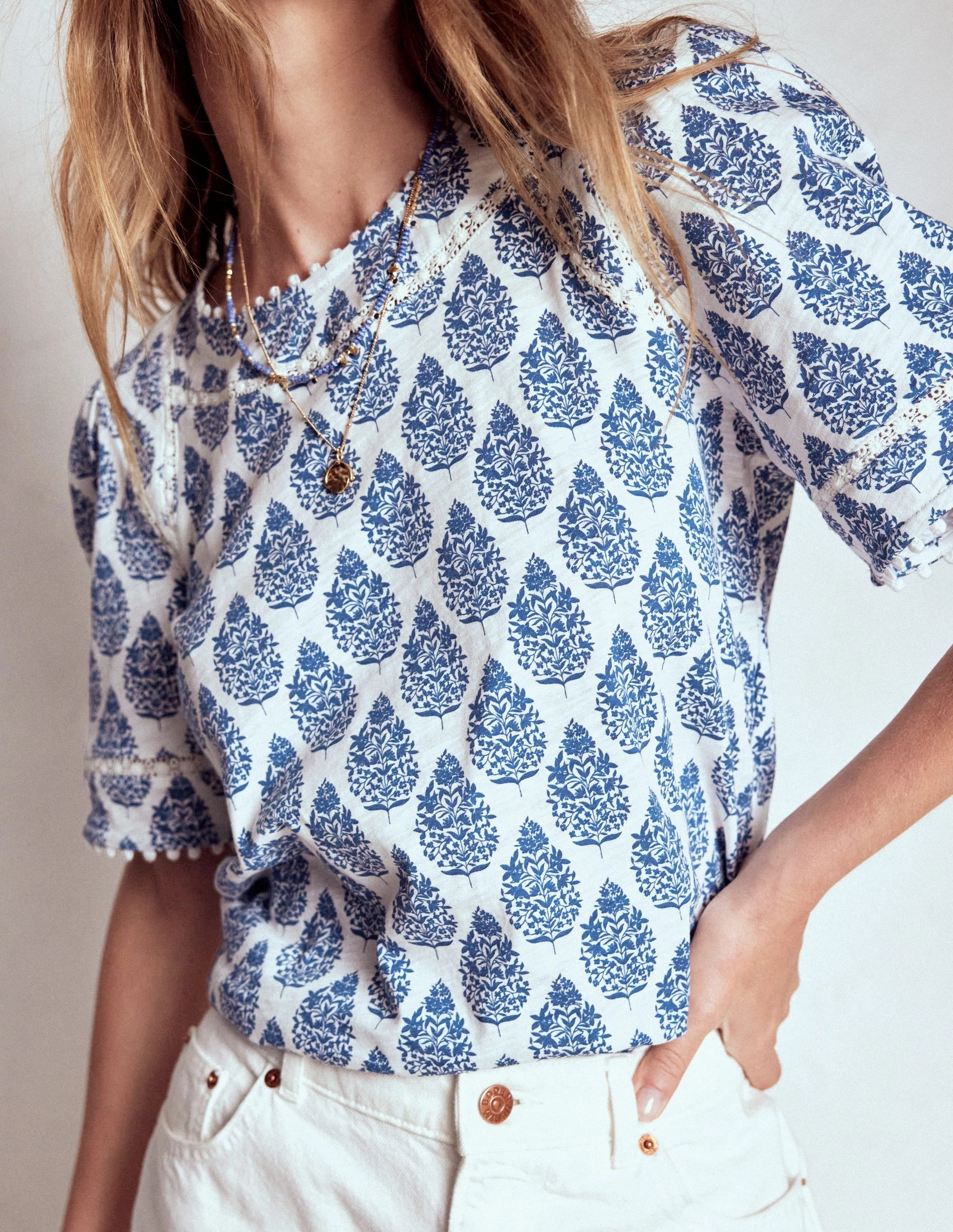 Relaxed and Comfy Mila Lace Trim Top-Denim Blue, Wildflower Bouquet