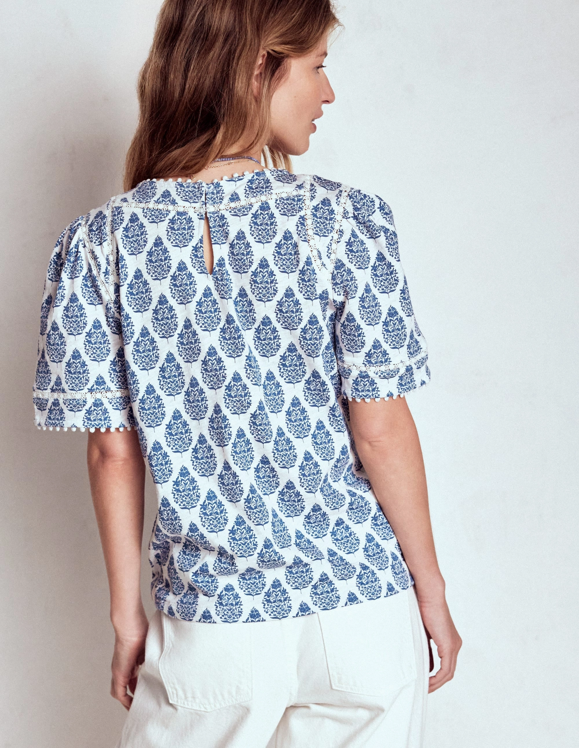 Mila Lace Trim Top-Denim Blue, Wildflower Bouquet Relaxing Day Light and Breezy