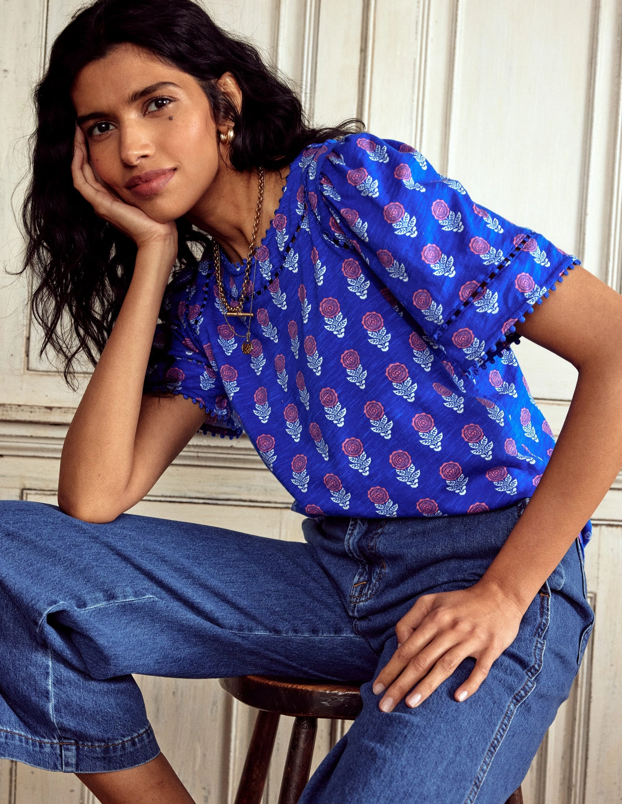 Mila Trim Detail Top-Gallery Blue, Dahlia Sprig Minimal Comfort mix and match