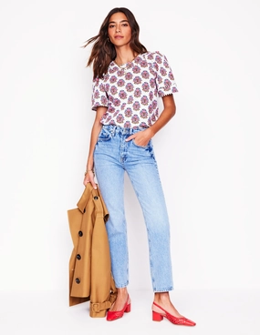 Comfortable Weave Mila Trim Detail Top-Ivory, Wildflower Stamp