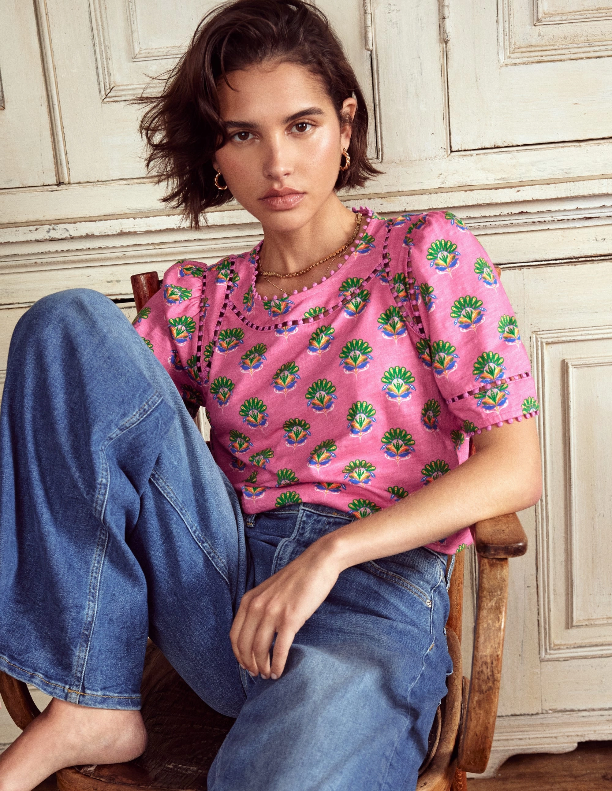 skinny but not tight Floral Print Mila Trim Detail Top-Pink, Ornamental Floral Sprig