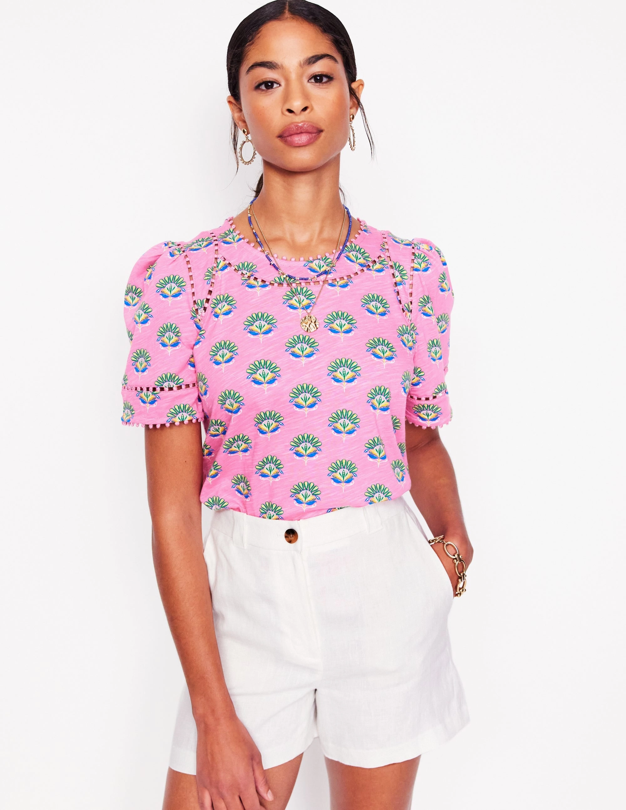 Mila Trim Detail Top-Pink, Ornamental Floral Sprig RibbedNeckBanding