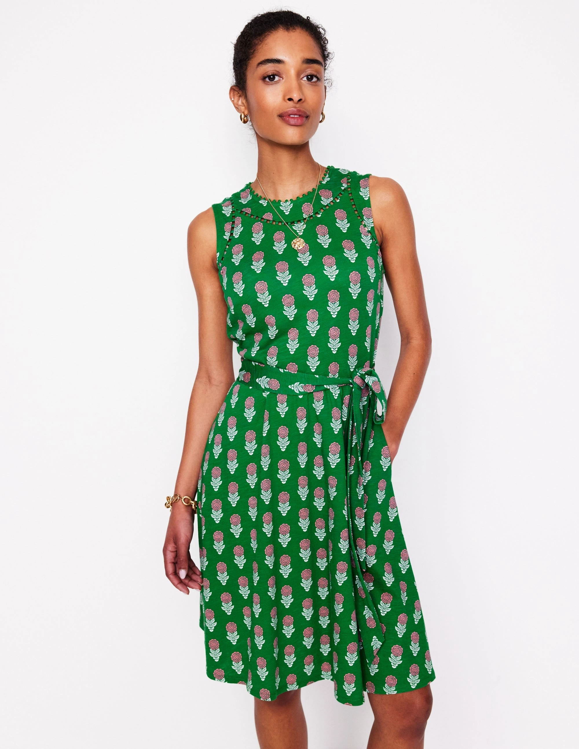 Perfect Waist Mila Trim Short Jersey Dress-Rich Emerald, Dahlia Sprig