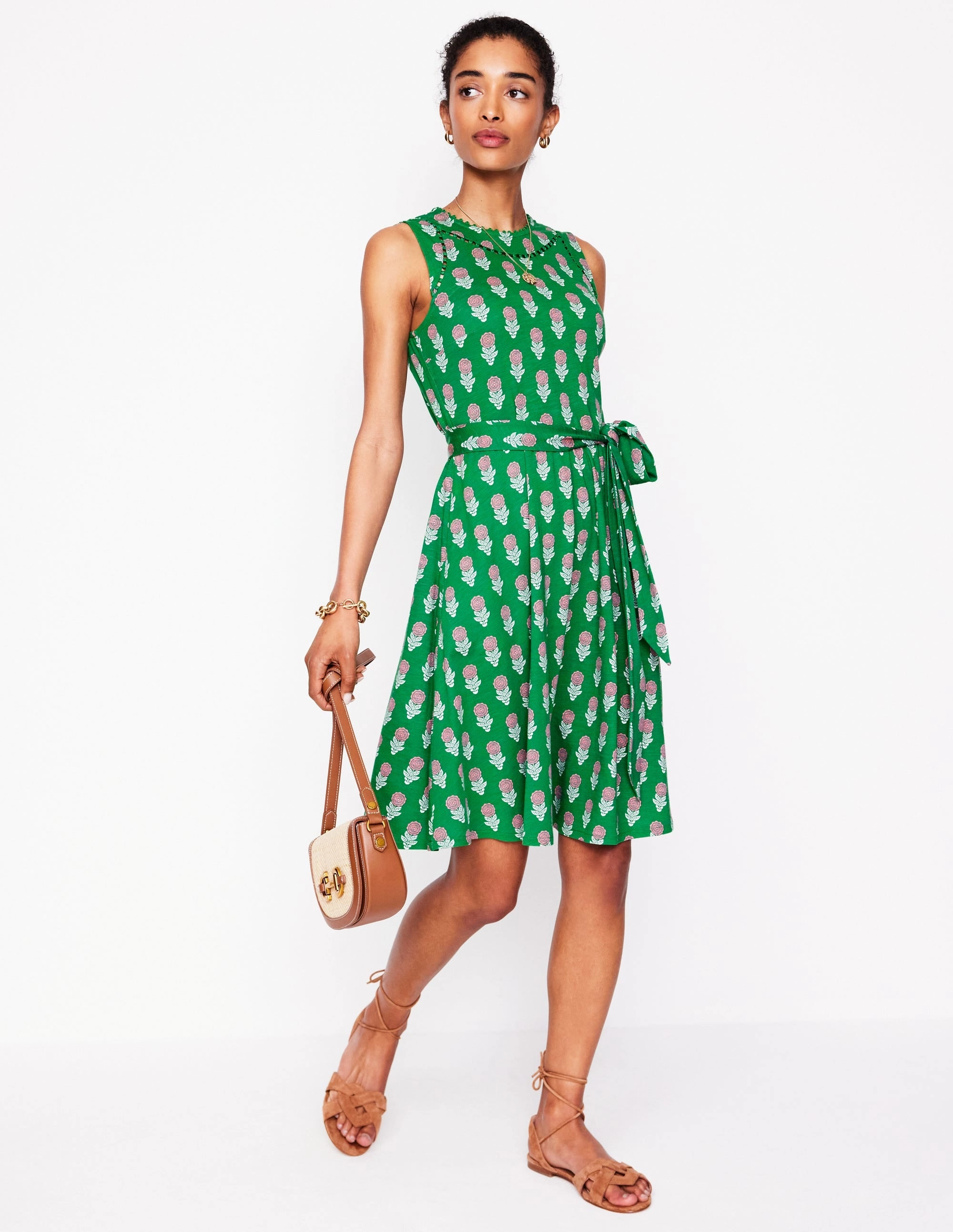 Fashionable Fit Mila Trim Short Jersey Dress-Rich Emerald, Dahlia Sprig