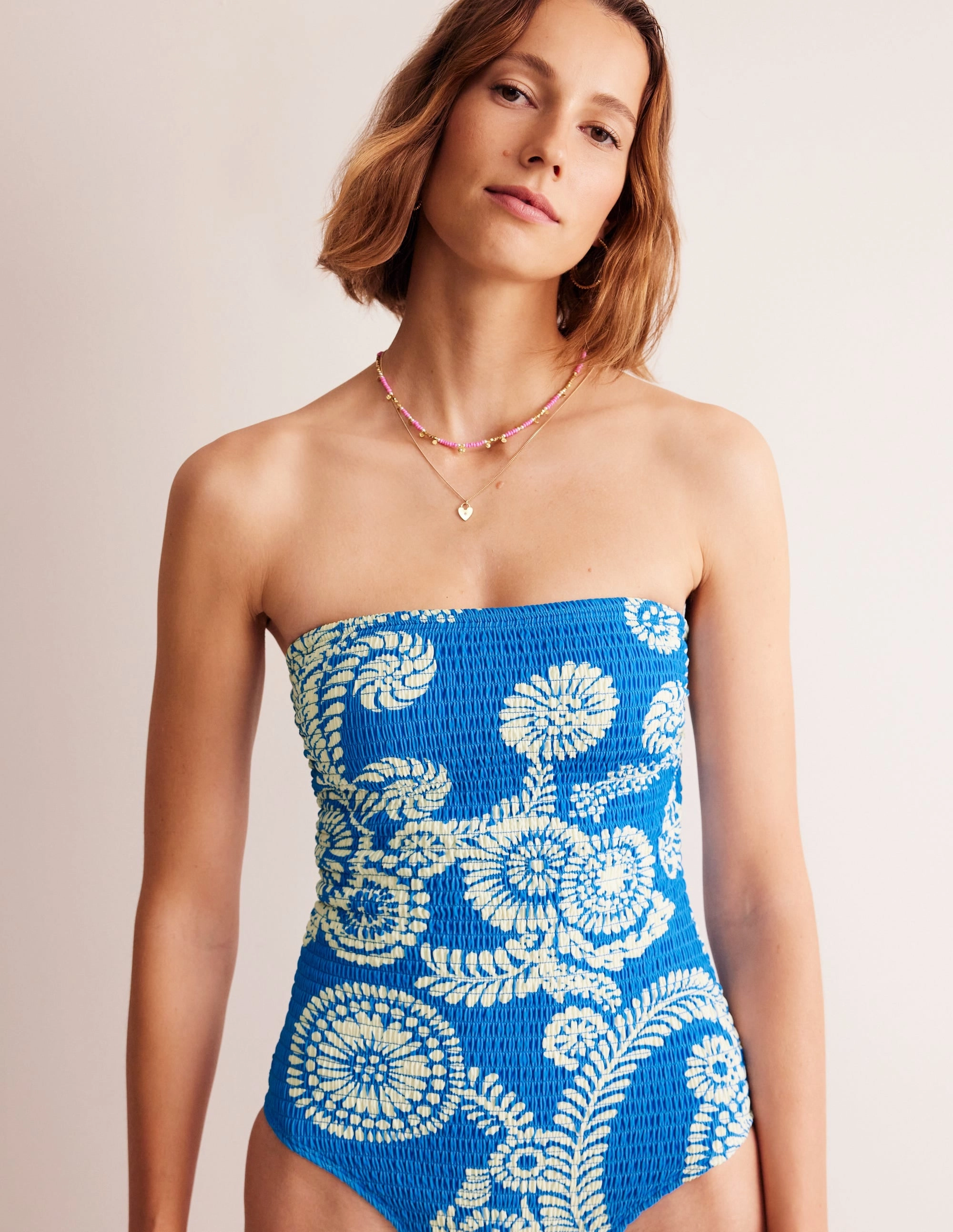 Milos Smocked Bandeau Swimsuit-Indigo Bunting, Abstract Charm Quick Drying Technology