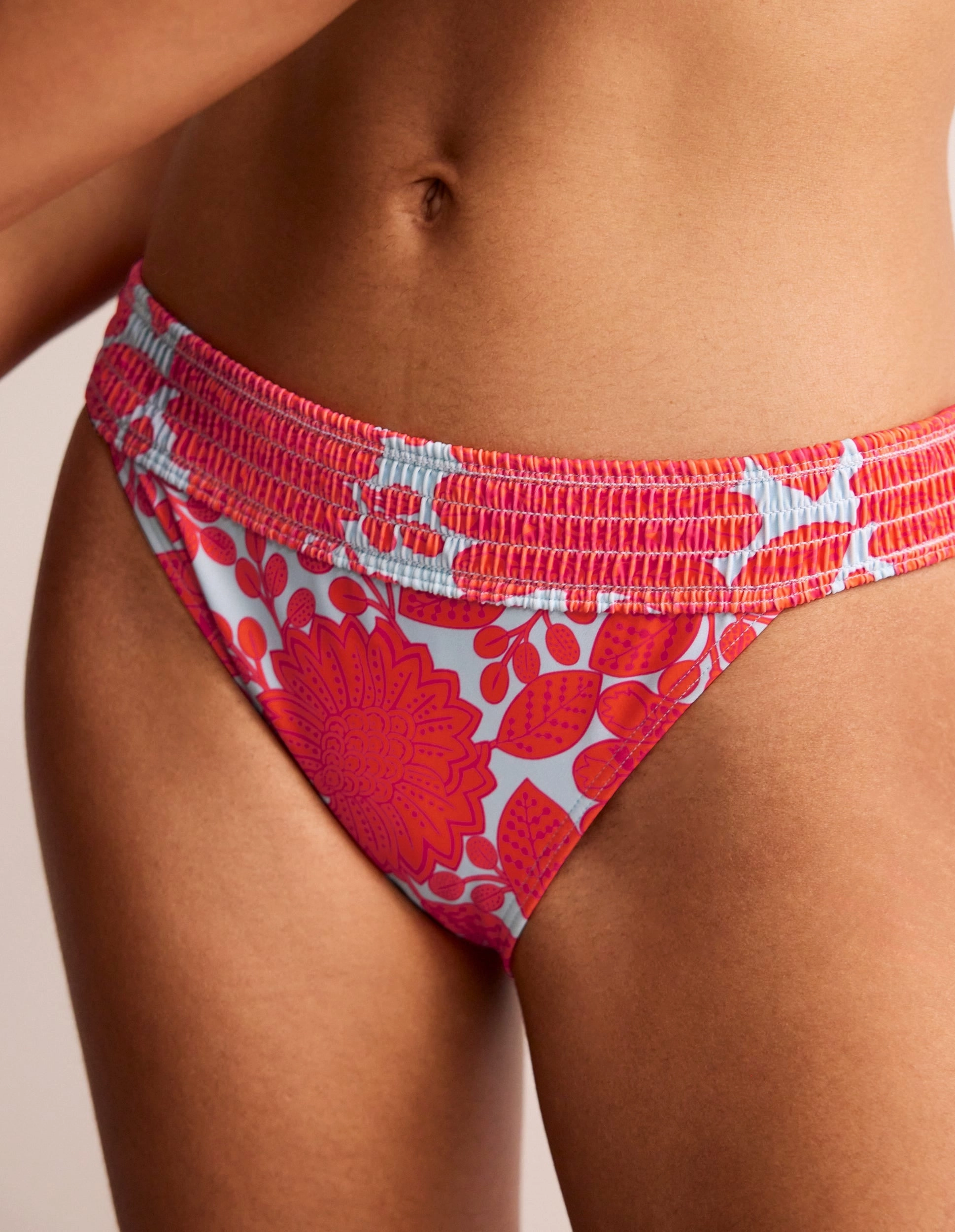 Milos Smocked Bikini Bottoms-Fire Cracker, Gardenia Swirl Water Repellent Finish