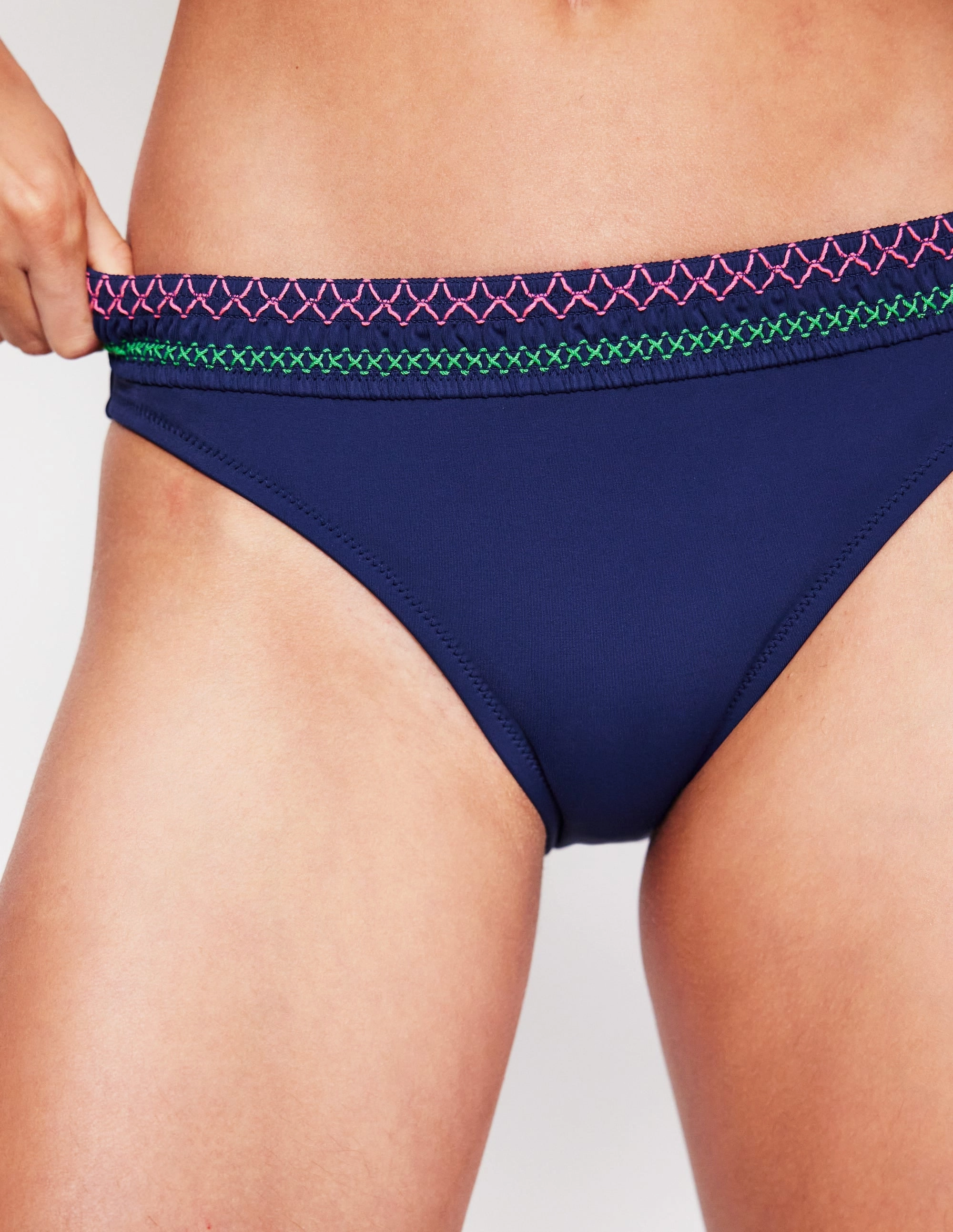 Sustainable Eco Friendly Textile Hydrodynamic Design Milos Smocked Bikini Bottoms-Navy