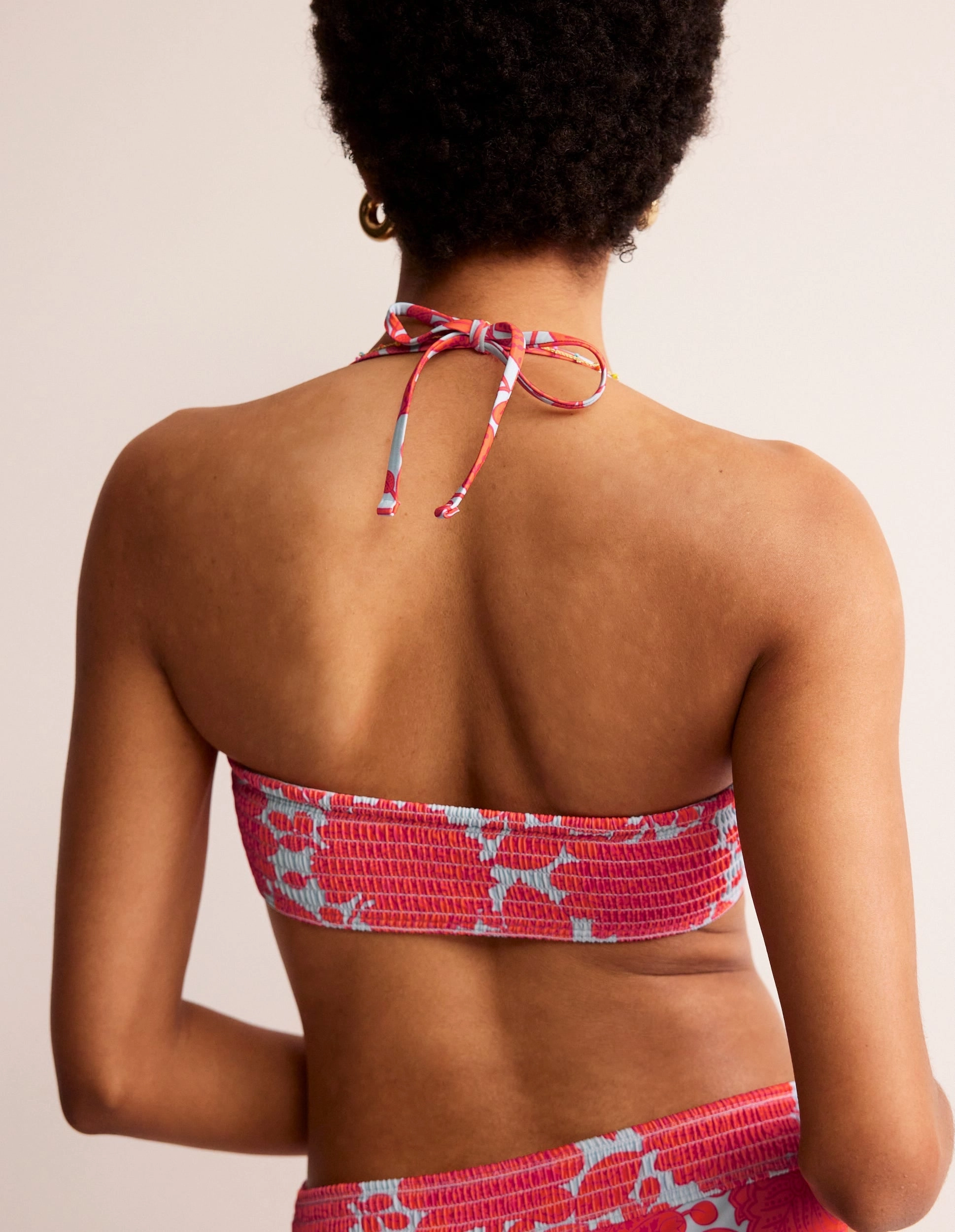 Milos Smocked  Bikini Top-Fire Cracker, Gardenia Swirl UPF Protective Layer Anti Slip Banding