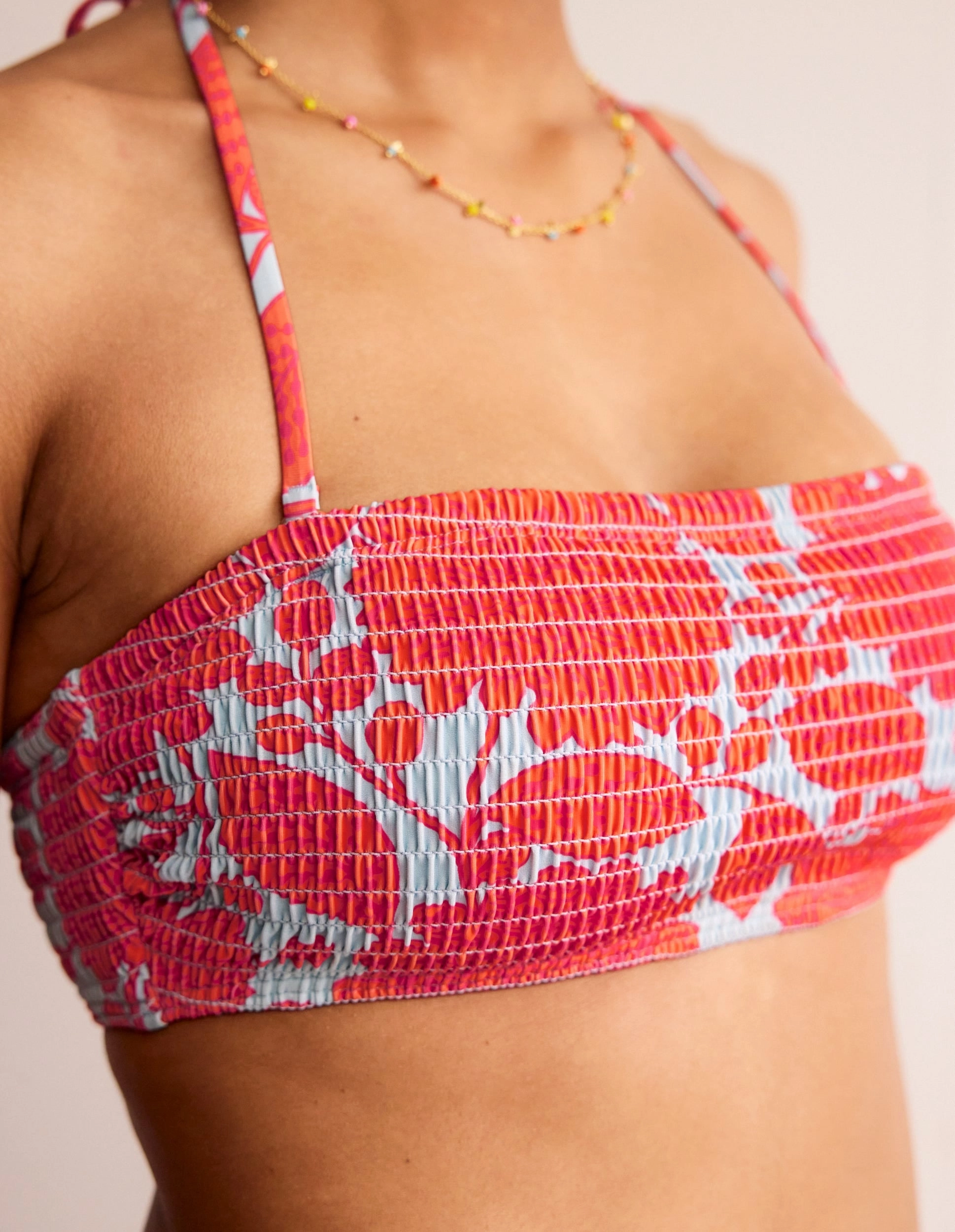 Athletic Performance Milos Smocked  Bikini Top-Fire Cracker, Gardenia Swirl