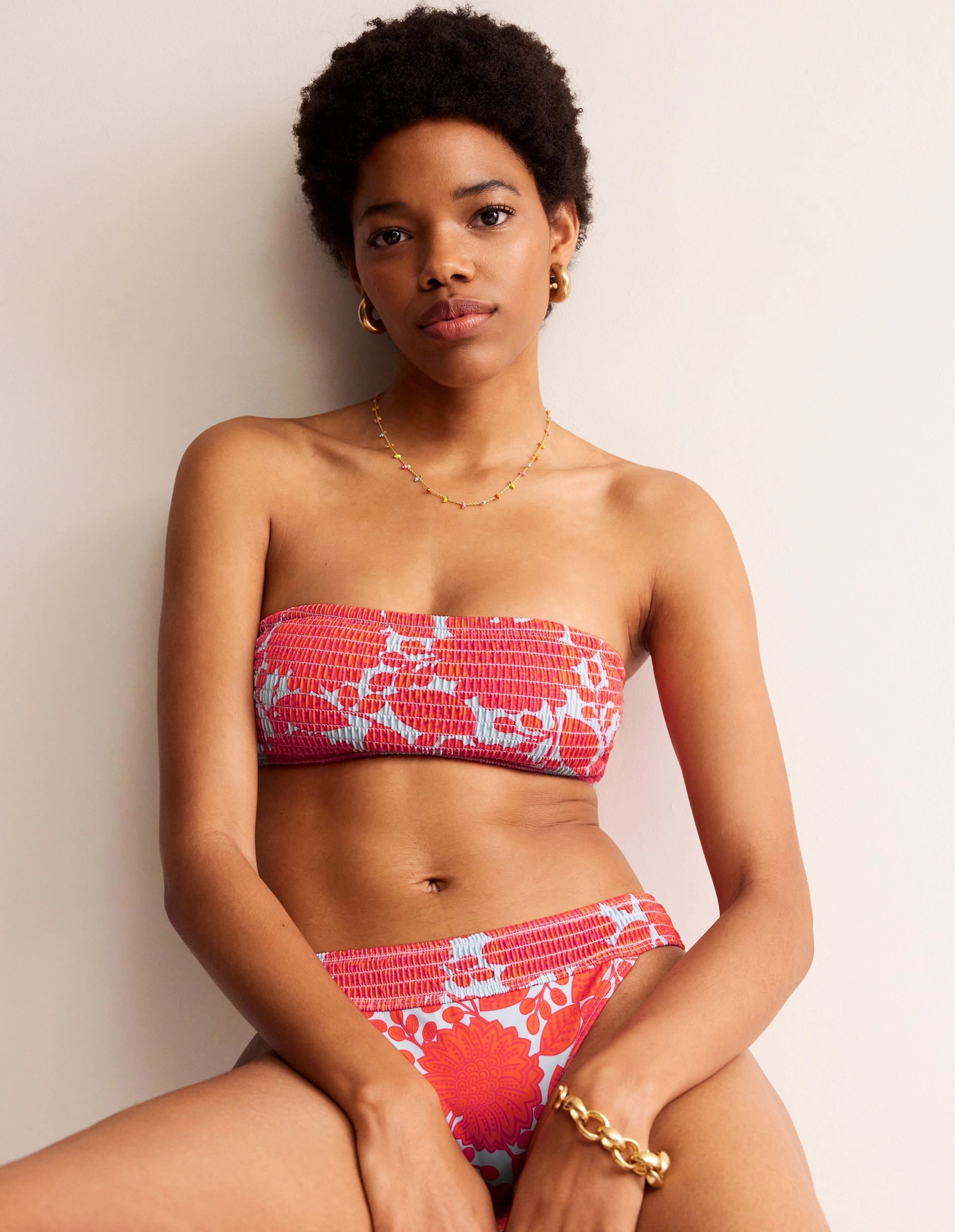 Milos Smocked  Bikini Top-Fire Cracker, Gardenia Swirl Color Lock Technology Anti fog coating