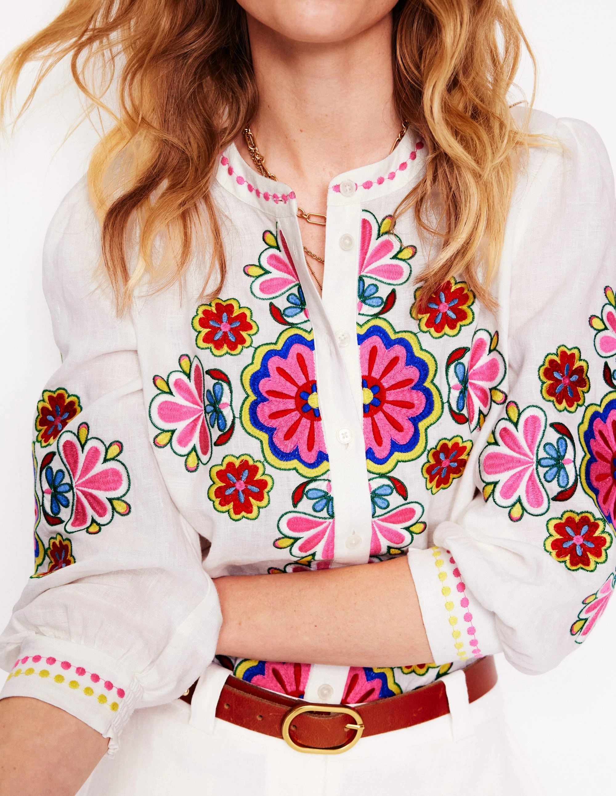 Sleek Layers Alicia Linen Top-White, Floral Embroidery