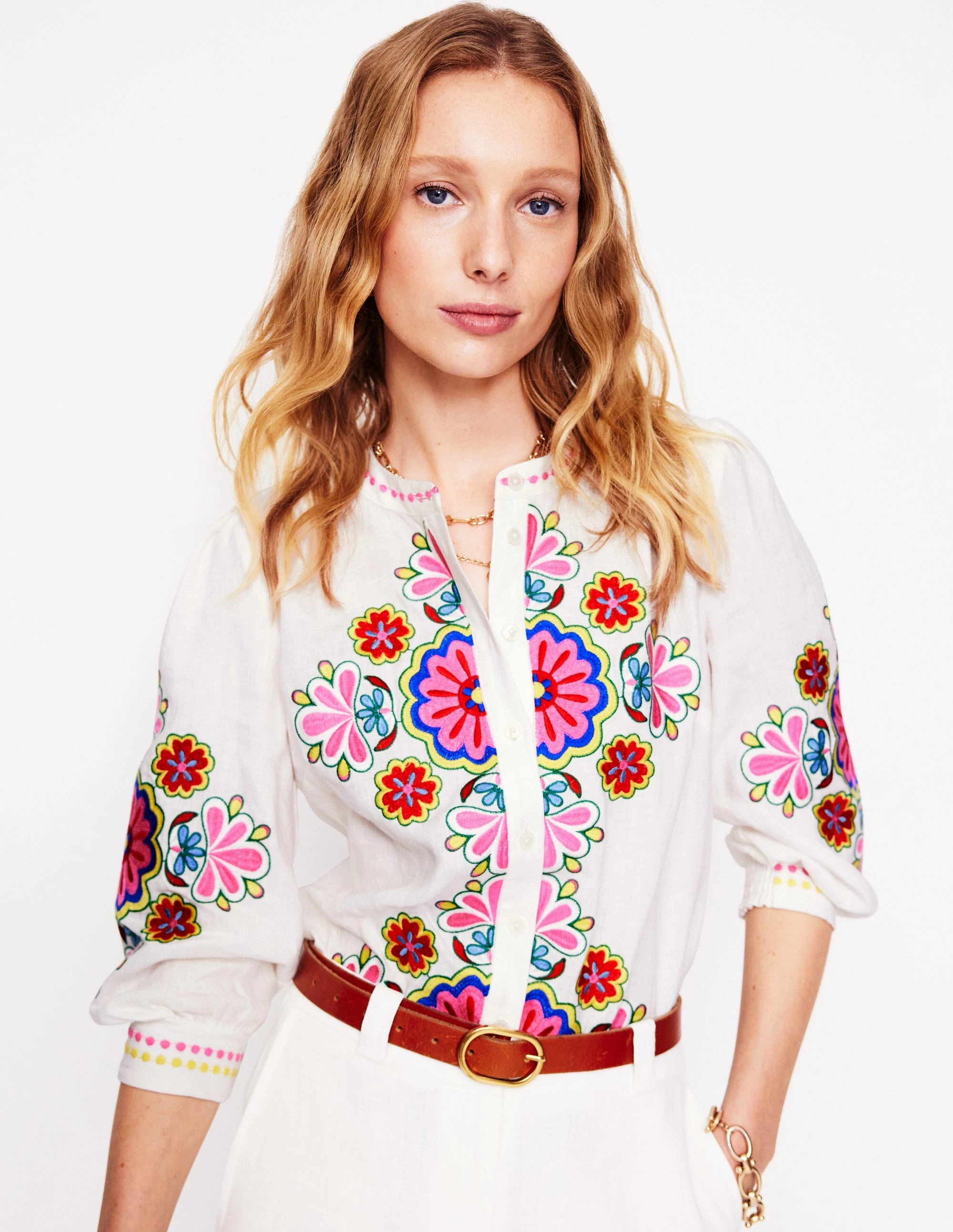Alicia Linen Top-White, Floral Embroidery teenagers'