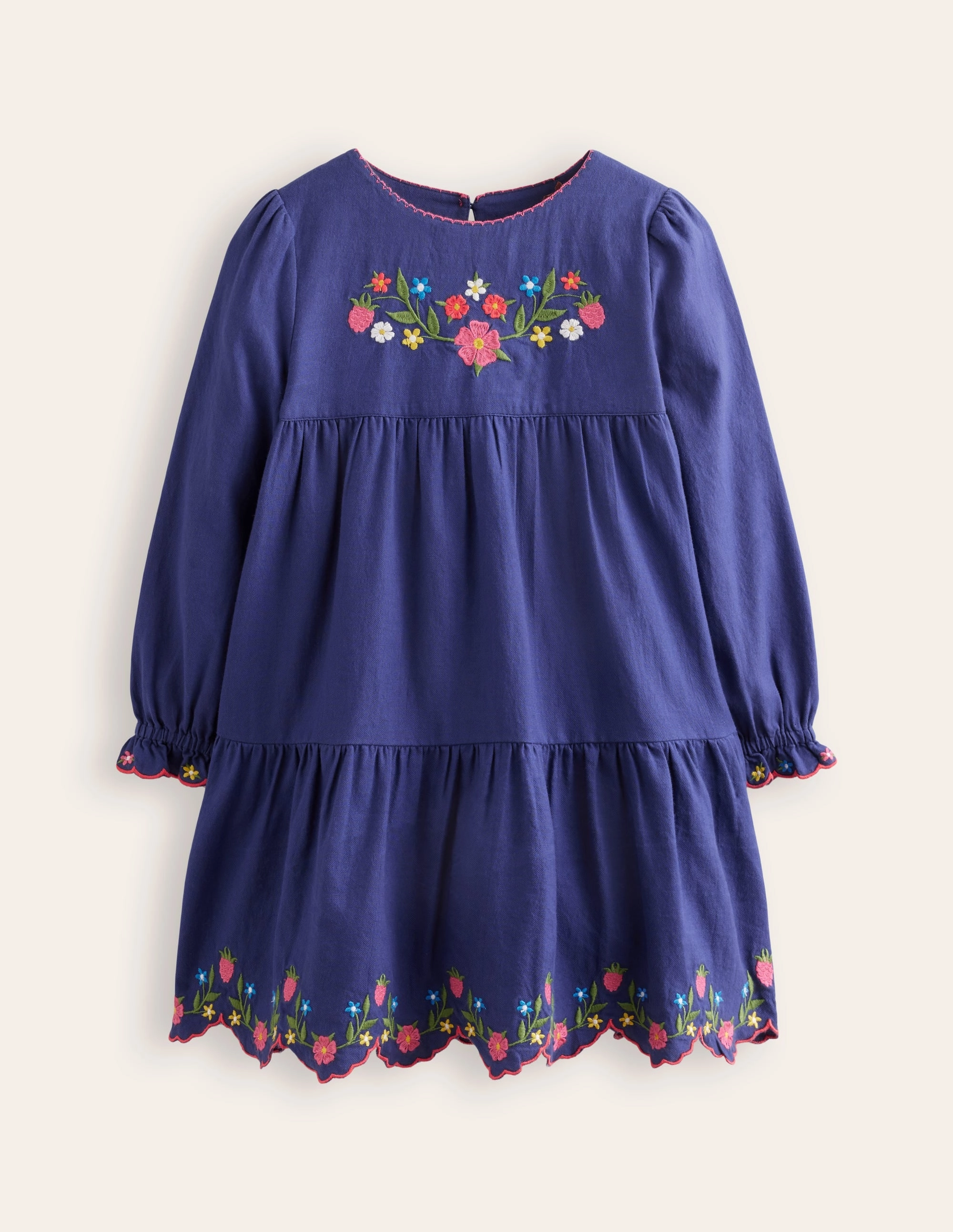 Betsy Tiered Twirly Dress-Starboard Navy Embroidery Cozy Texture