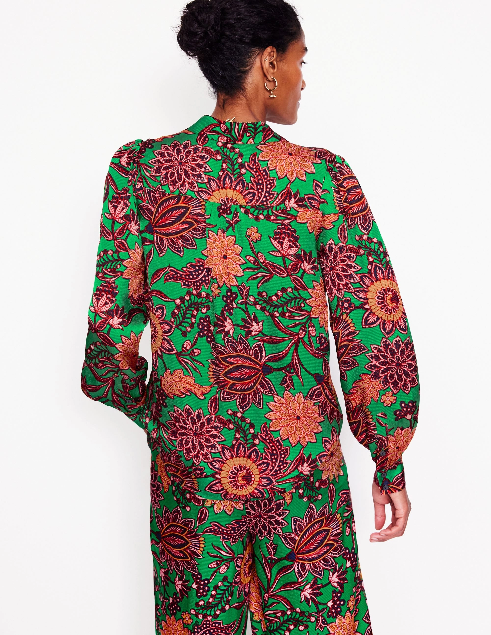 Camping practicality Minimal Comfort Hammered Satin Shirt-Green Tambourine, Ornate Bud