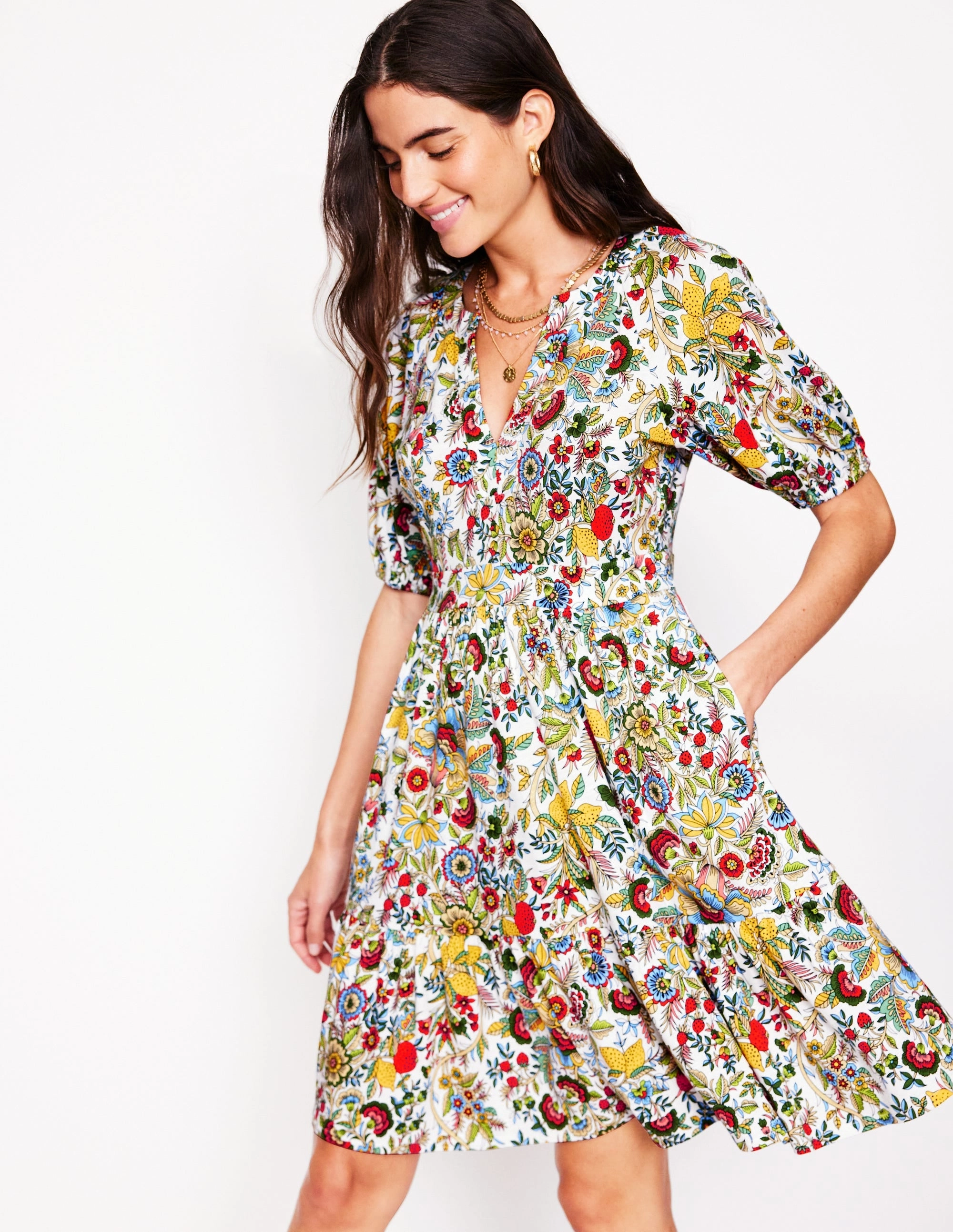 Sharp Detail Timeless Wearable Piper Short Jersey Dress-Multi, Citrus Vine