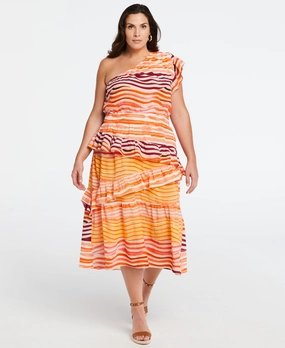 Plus Size 100% Cotton One Shoulder Ruffle Midi Dress Retro Mood