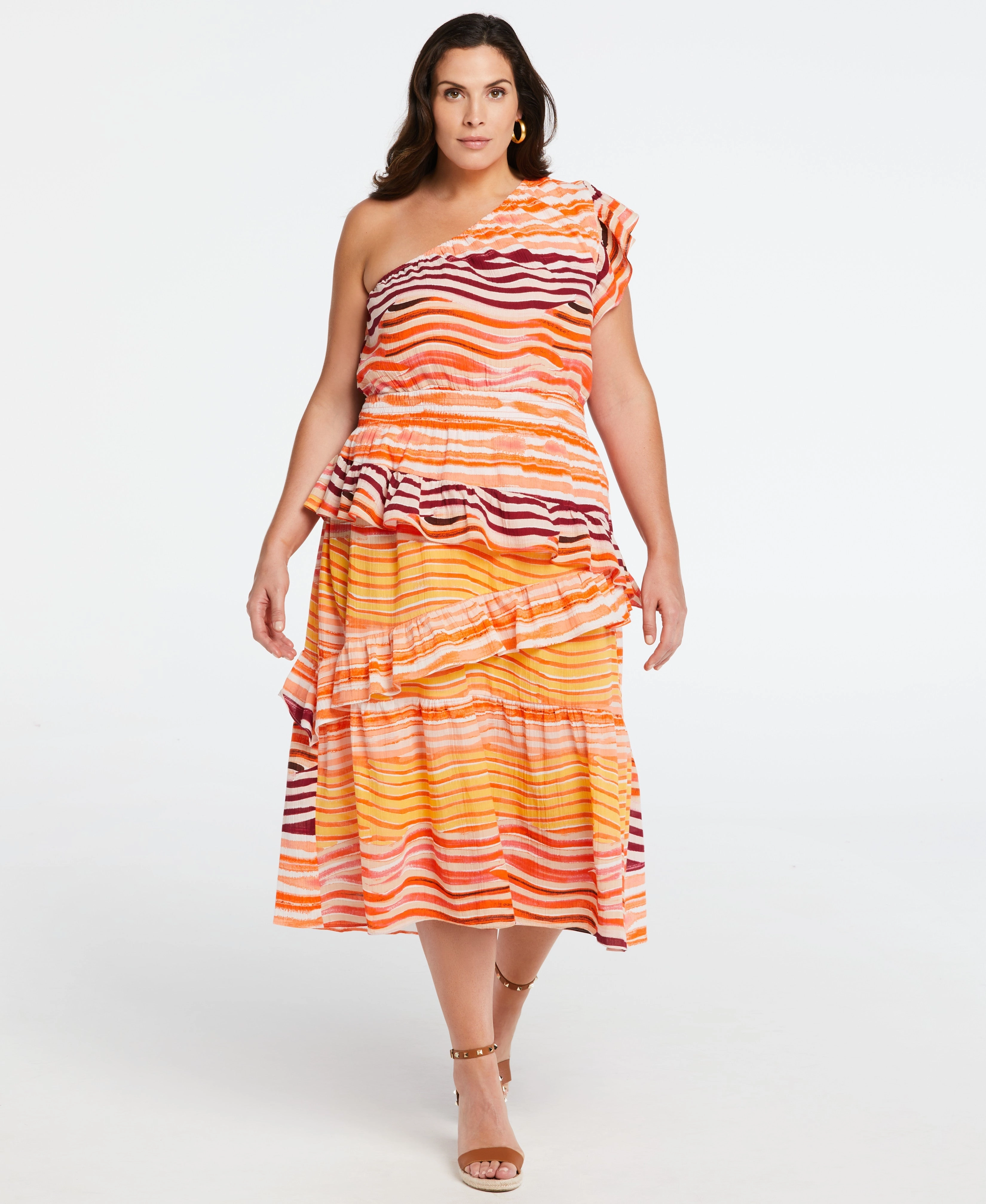 warm tones Pastel Sky Plus Size 100% Cotton One Shoulder Ruffle Midi Dress