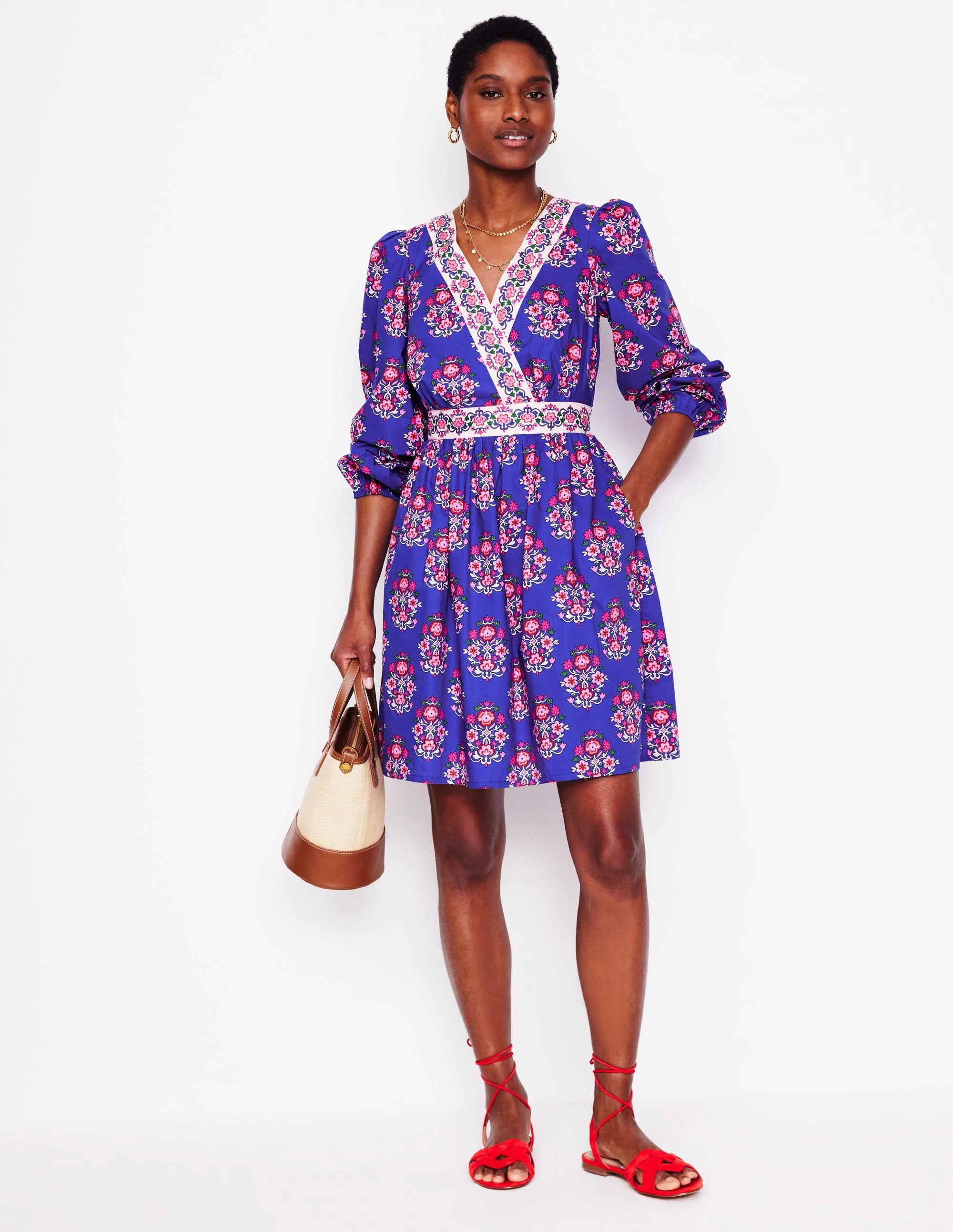 Mya Cotton Short Dress-Bright Blue, Wildflower Stamp Cool Draping Elegant Style