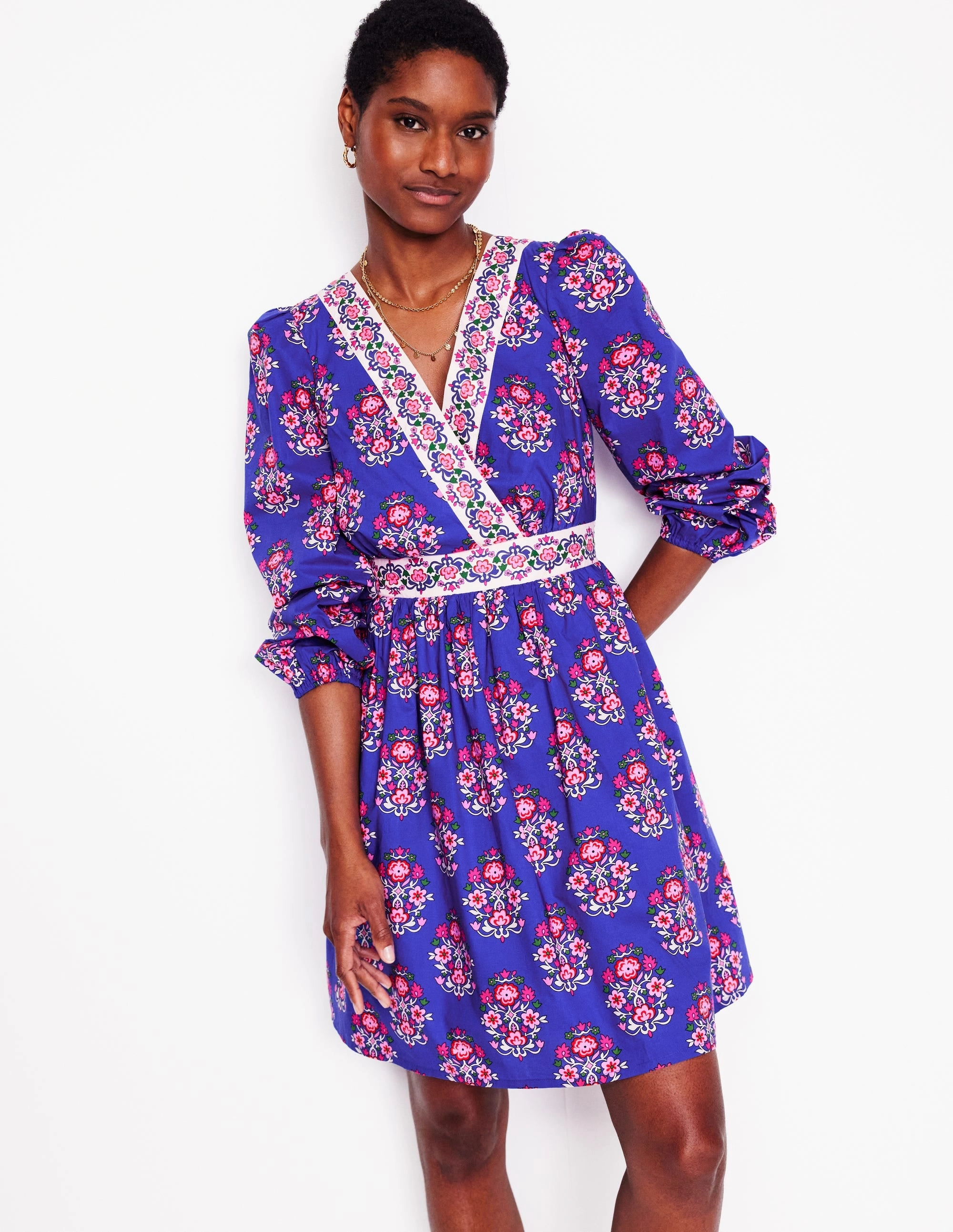 Mya Cotton Short Dress-Bright Blue, Wildflower Stamp Easy Movement