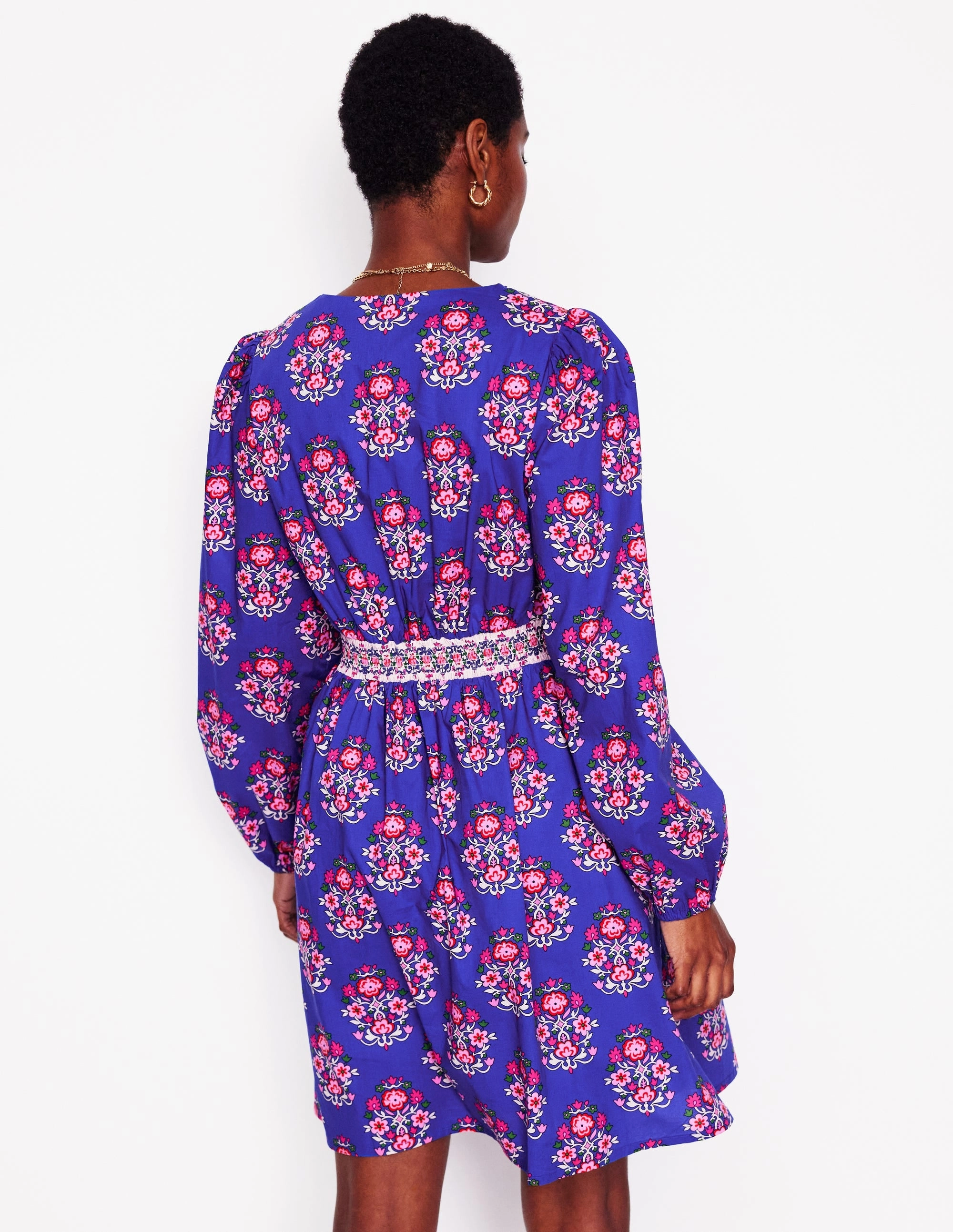 Mya Cotton Short Dress-Bright Blue, Wildflower Stamp Sharp Design