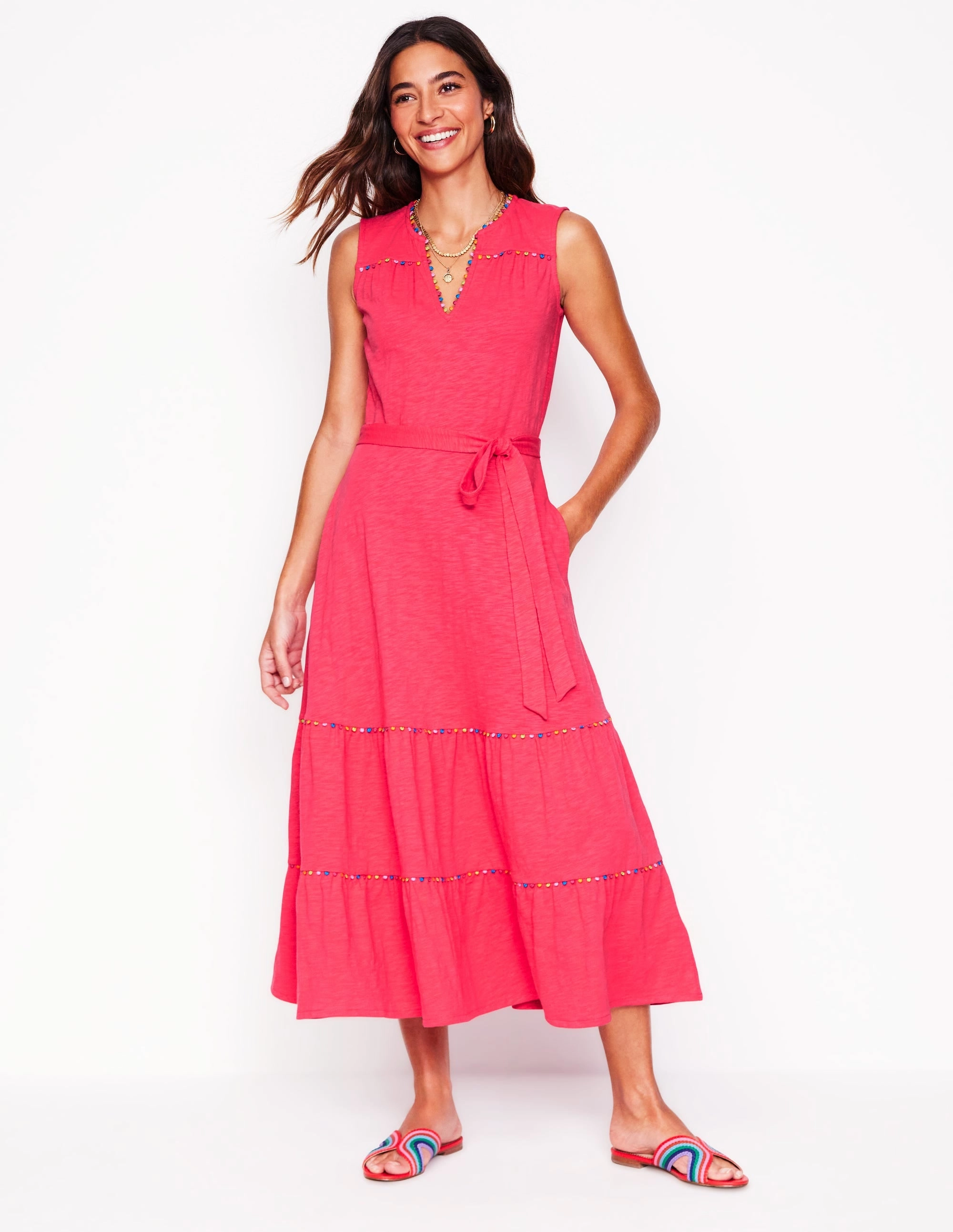 Tara Trim Tiered Jersey Dress-Camelia Pink Flattering Waistband Fit Hidden-Pocket