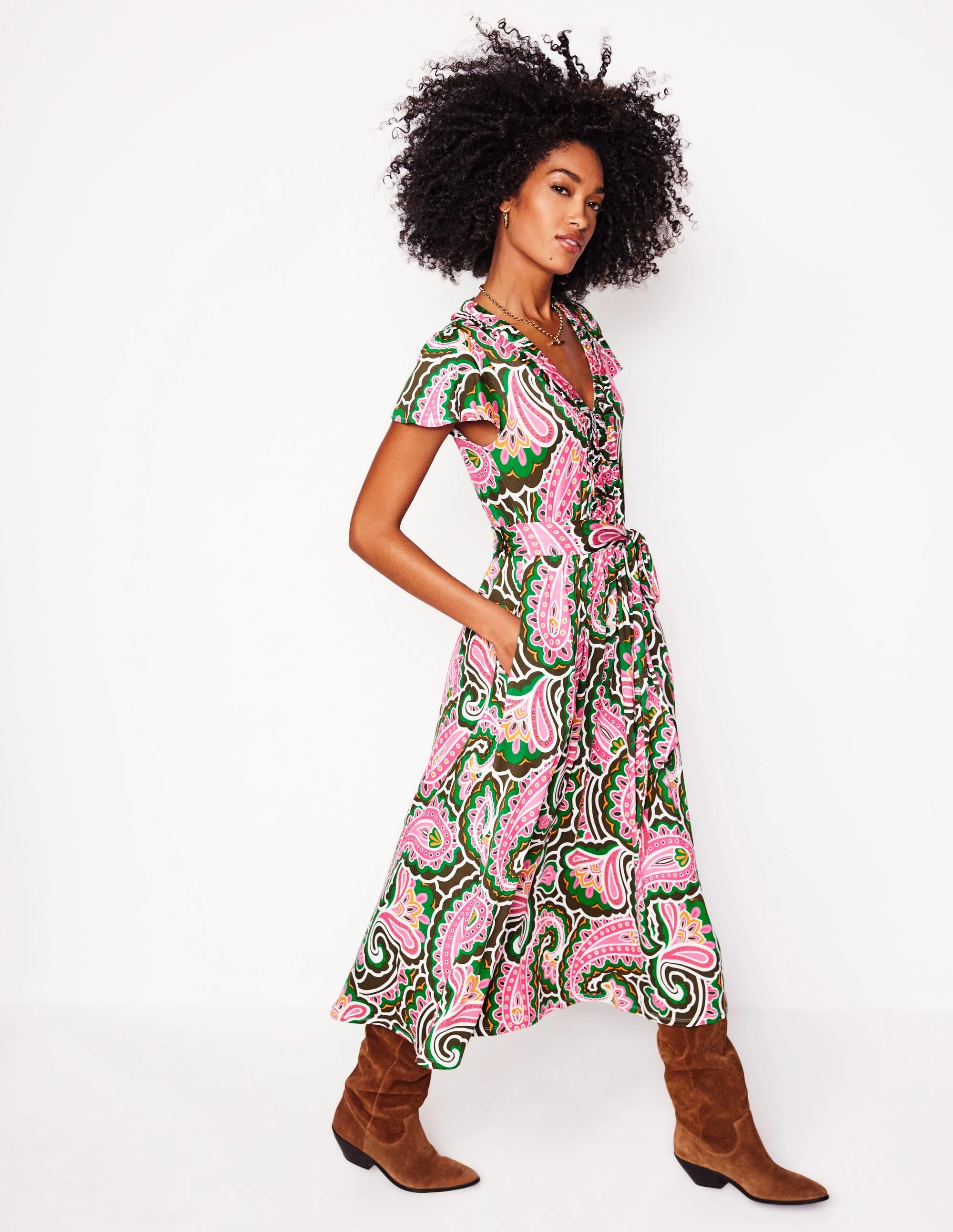 Nicola Jersey Tea Dress-Multi, Scallop Paisley Sage Glow Elegant Finish