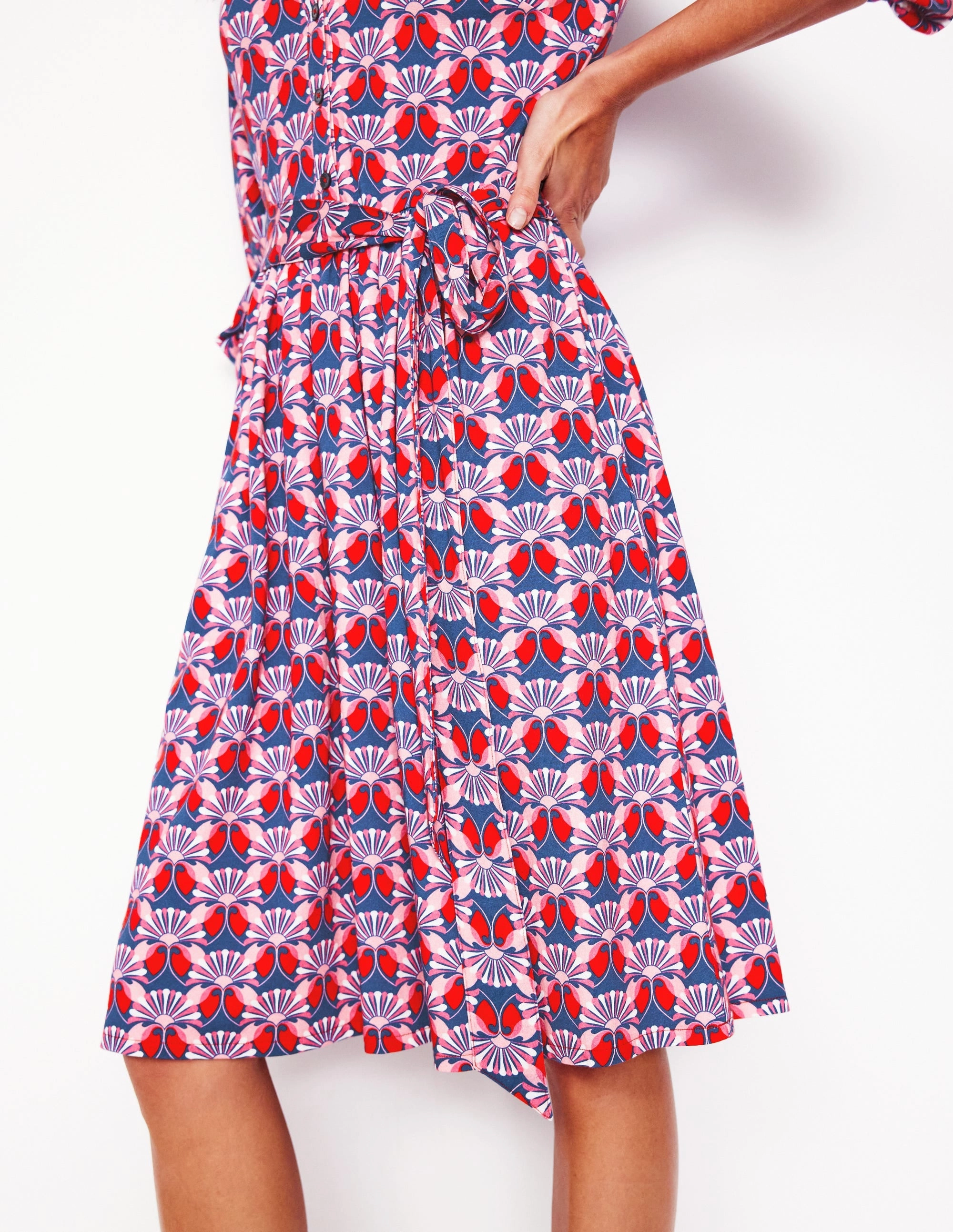 Willow Ruffle Neck Shirt Dress-Poppy Red, Daisy Bloom Geo Signature-Style