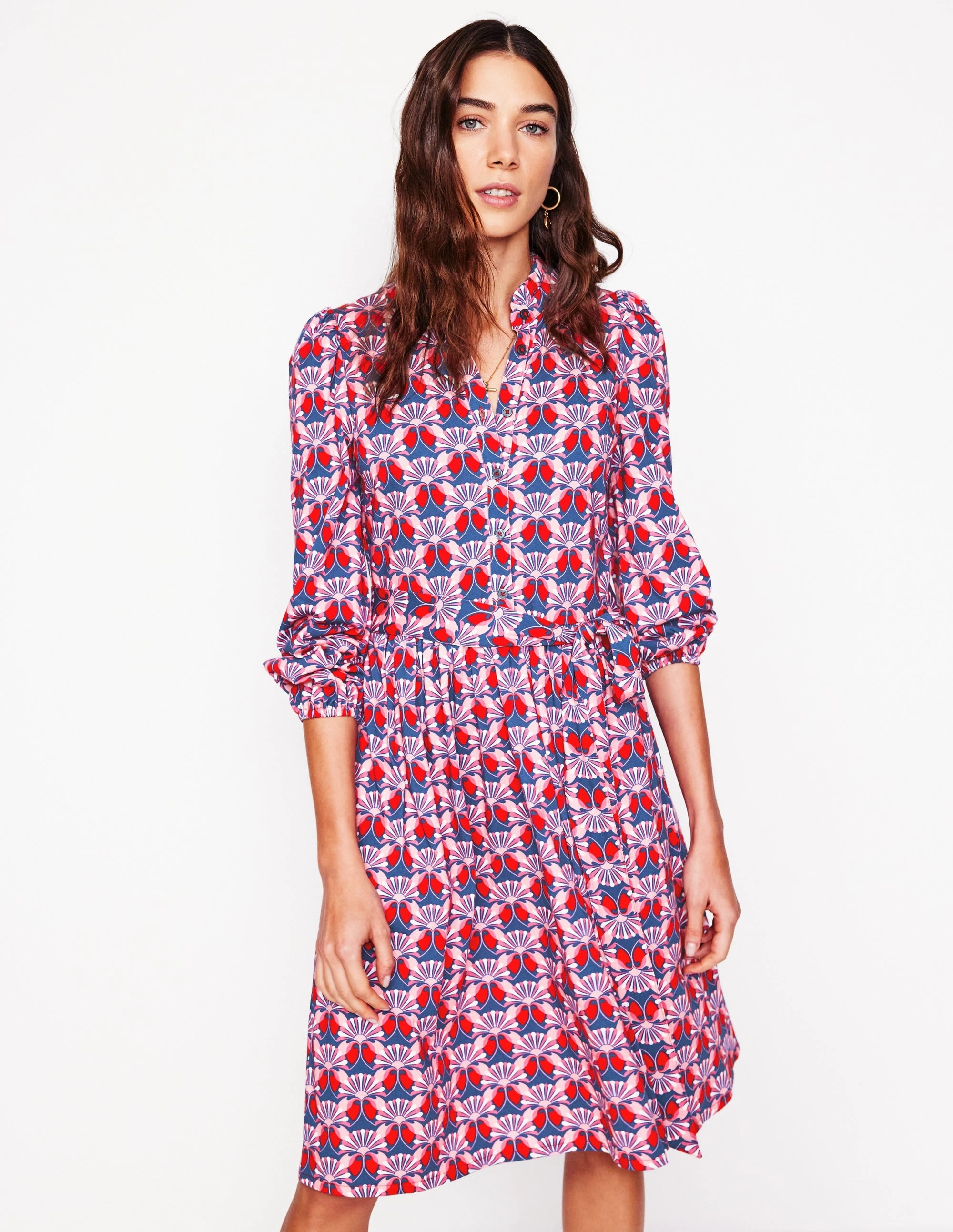 Calm Tone Willow Ruffle Neck Shirt Dress-Poppy Red, Daisy Bloom Geo