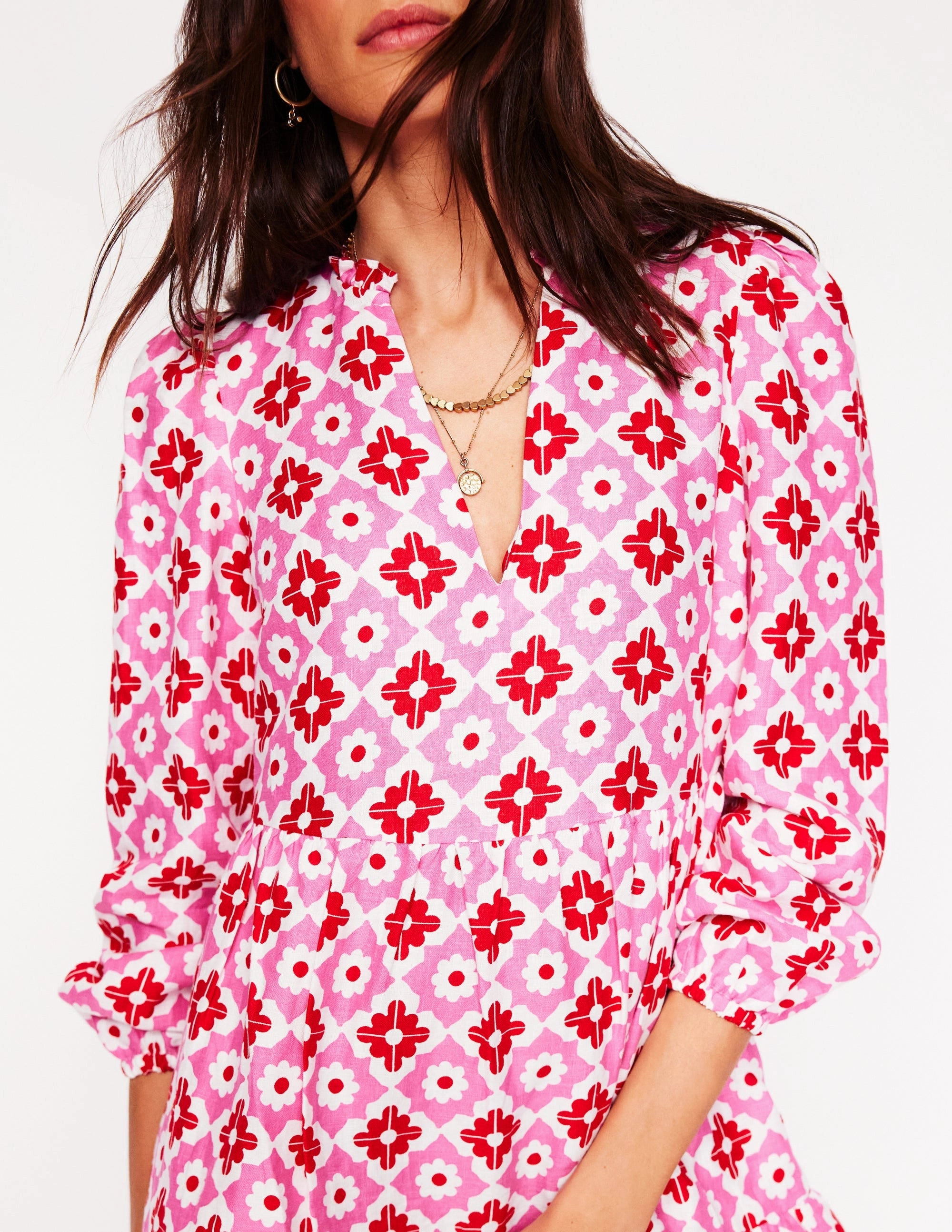 Esme Linen Mini Dress-Pink Power, Geometric Stamp Whimsical Mood Night Style