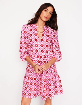 Esme Linen Mini Dress-Pink Power, Geometric Stamp button detail