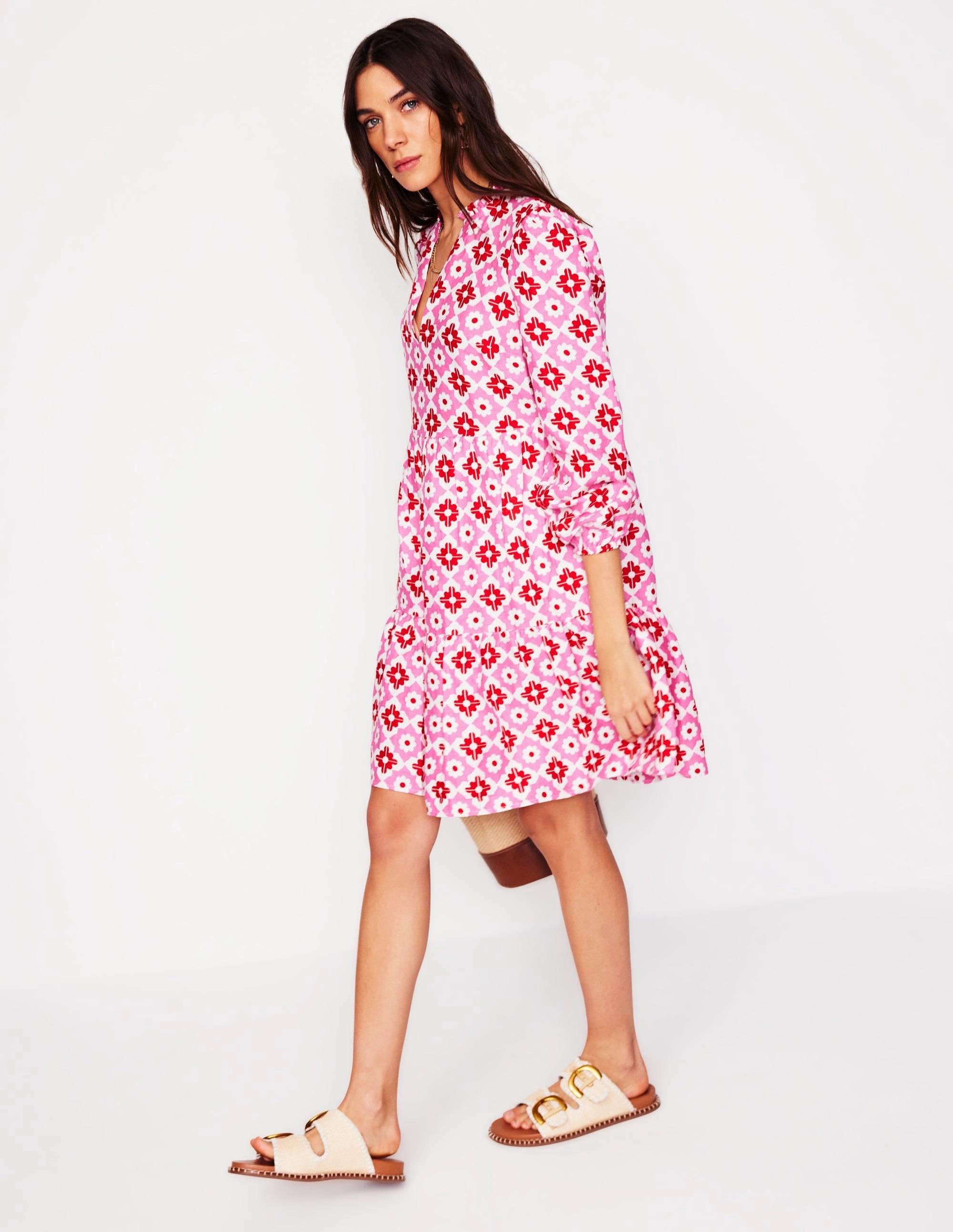 Flower Soft Matte-Lining Esme Linen Mini Dress-Pink Power, Geometric Stamp