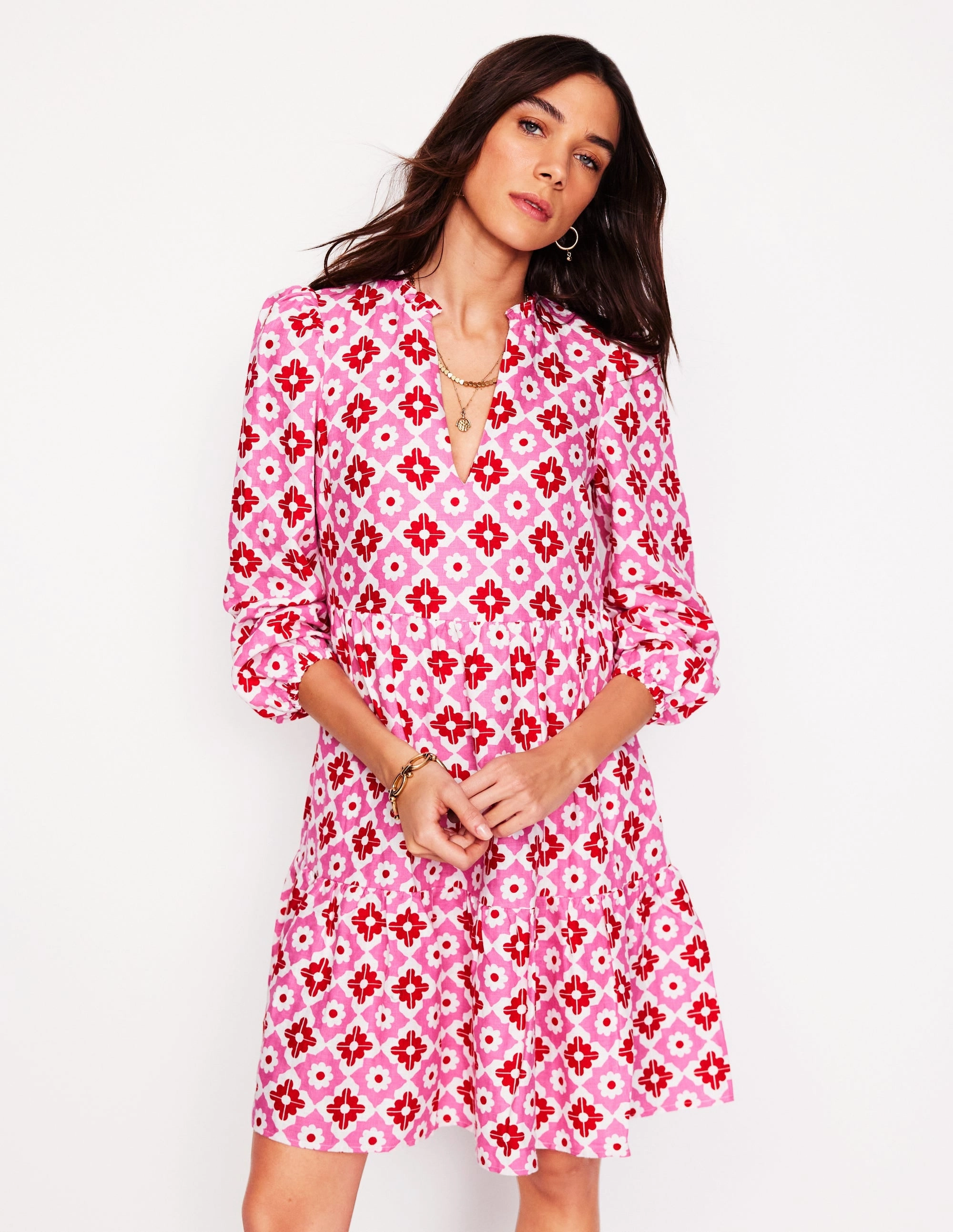 Esme Linen Mini Dress-Pink Power, Geometric Stamp button detail