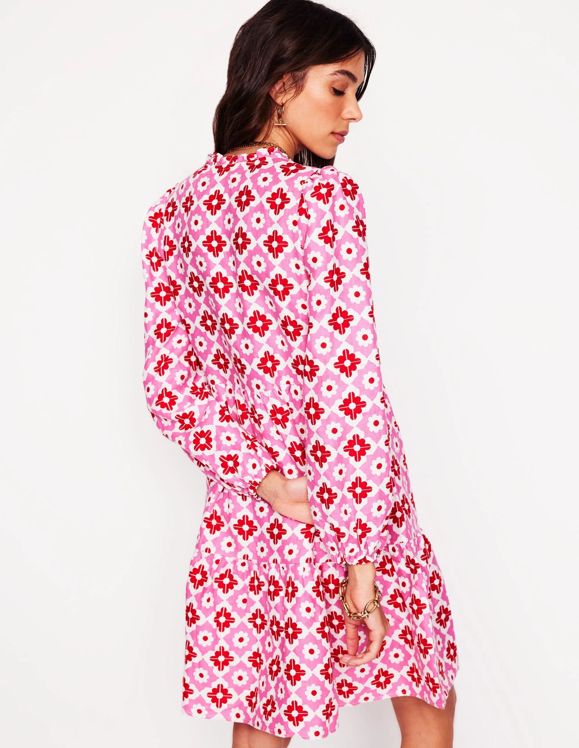 Light Weight Wedding-Guest Esme Linen Mini Dress-Pink Power, Geometric Stamp