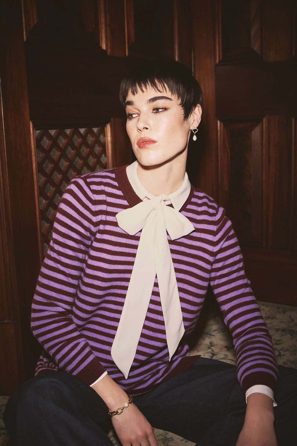 Multi Panel Construction Linen Blend Fabric Cashmere Blend Crew Neck Jumper - Violet Stripe